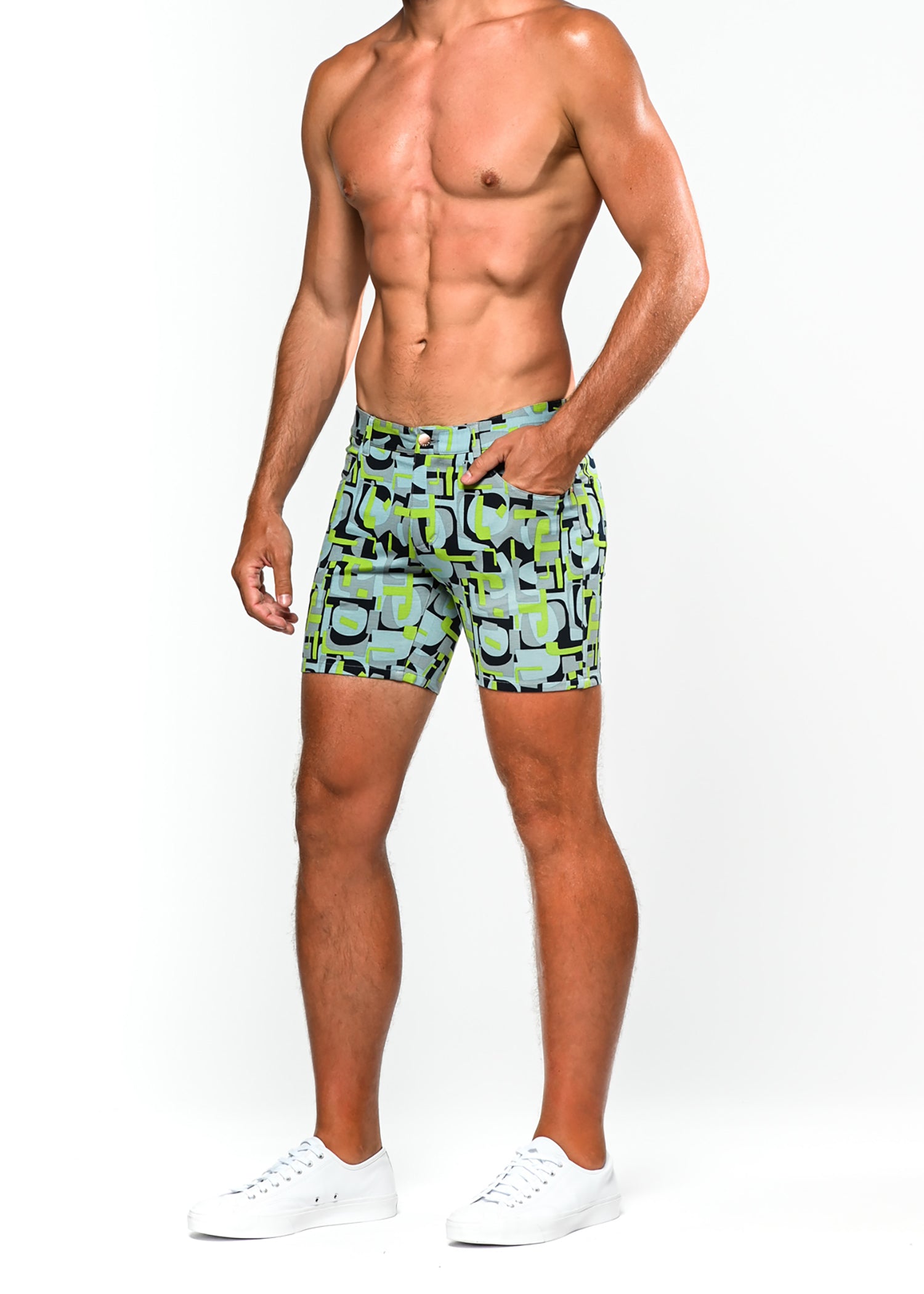 PEAR/SKY POP ART PRINTED 5" INSEAM KNIT STRETCH SHORTS ST-1932-LX- Final Sale
