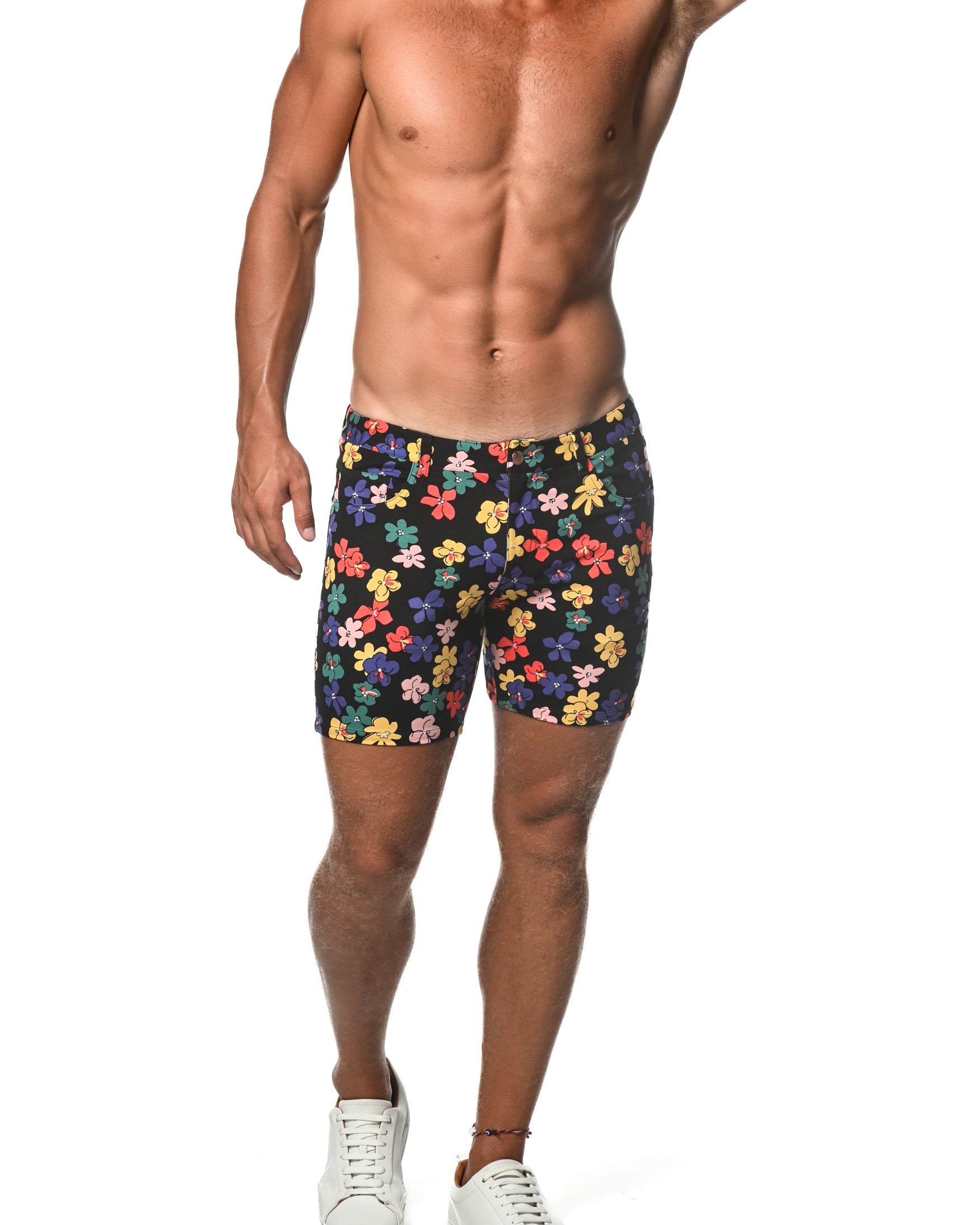 RAINBOW BLACK FLORAL 5" INSEAM KNIT SHORTS  ST-1932-LX