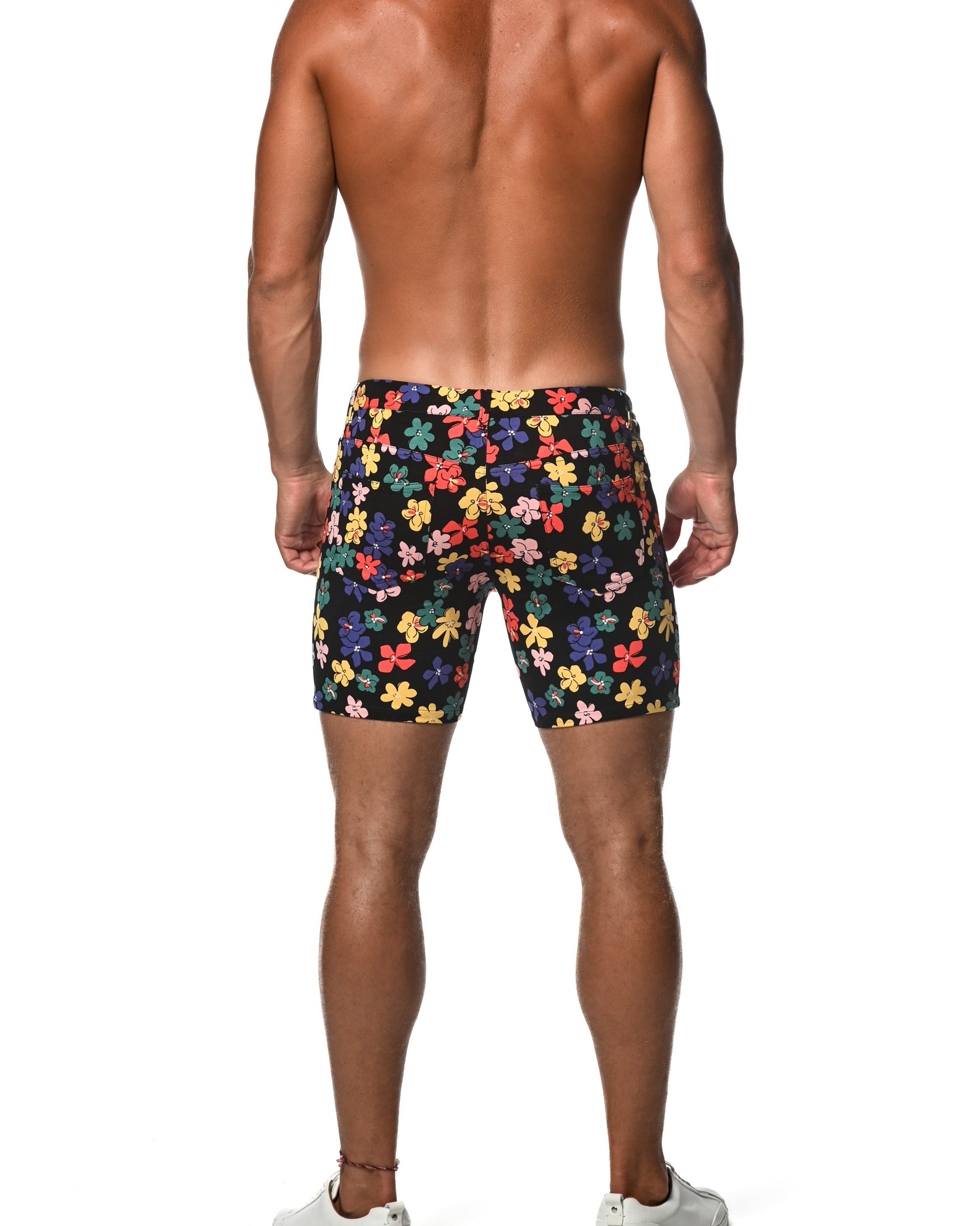 RAINBOW BLACK FLORAL 5" INSEAM KNIT SHORTS  ST-1932-LX