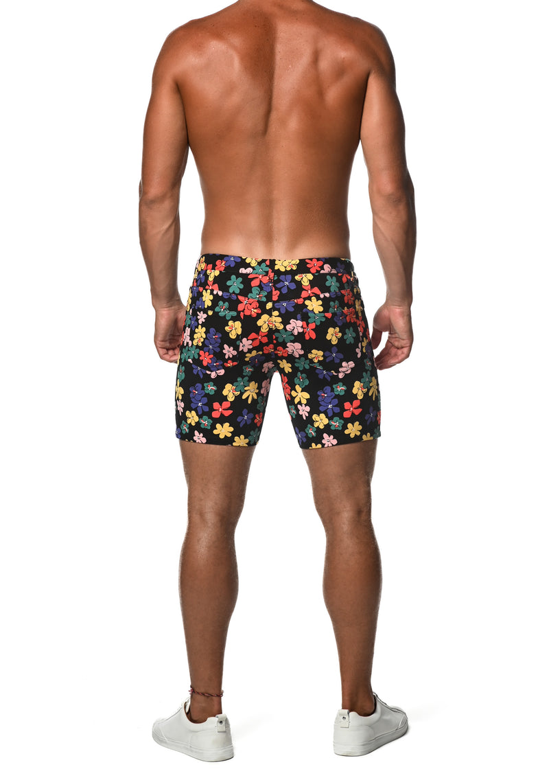 RAINBOW BLACK FLORAL 5" INSEAM KNIT SHORTS  ST-1932-LX