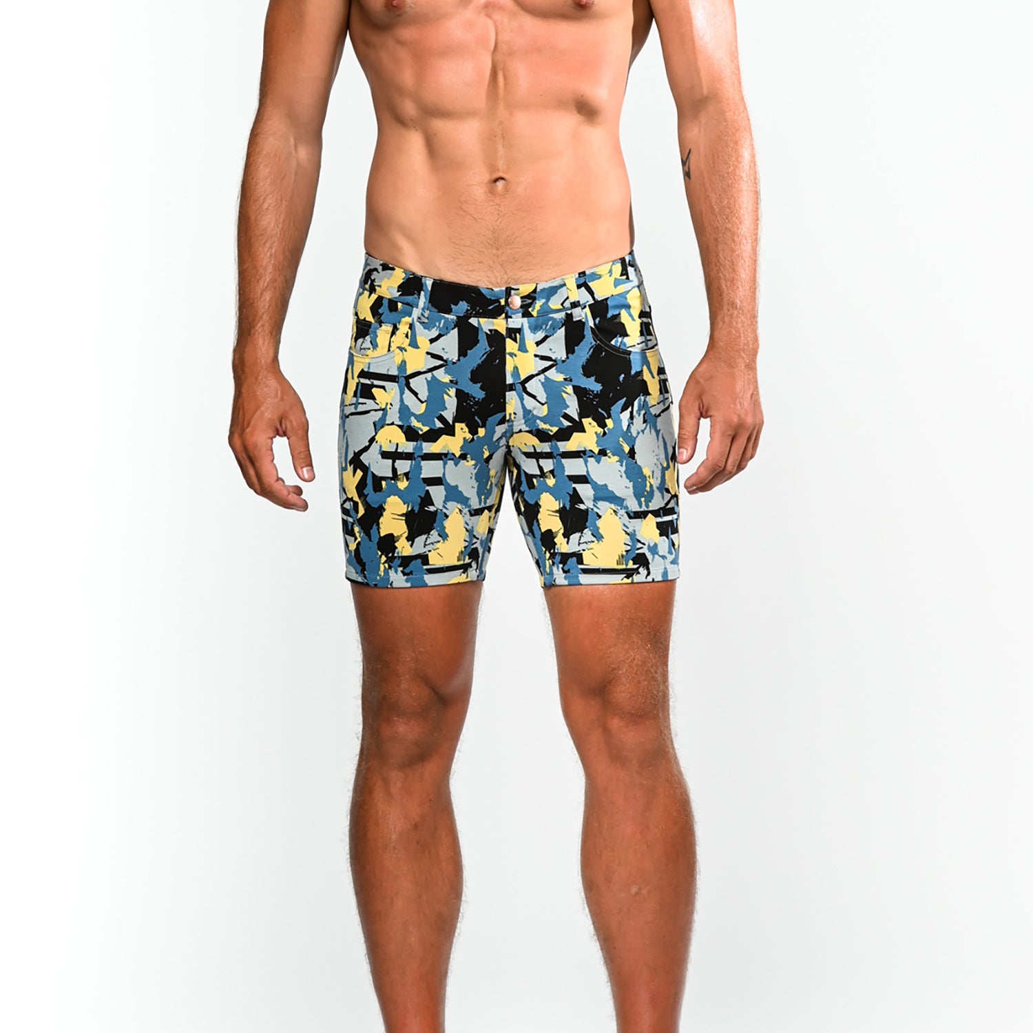 SLATE/BLACK PAINT STROKES PRINTED 5" INSEAM KNIT STRETCH SHORTS ST-1932-LX- Final Sale