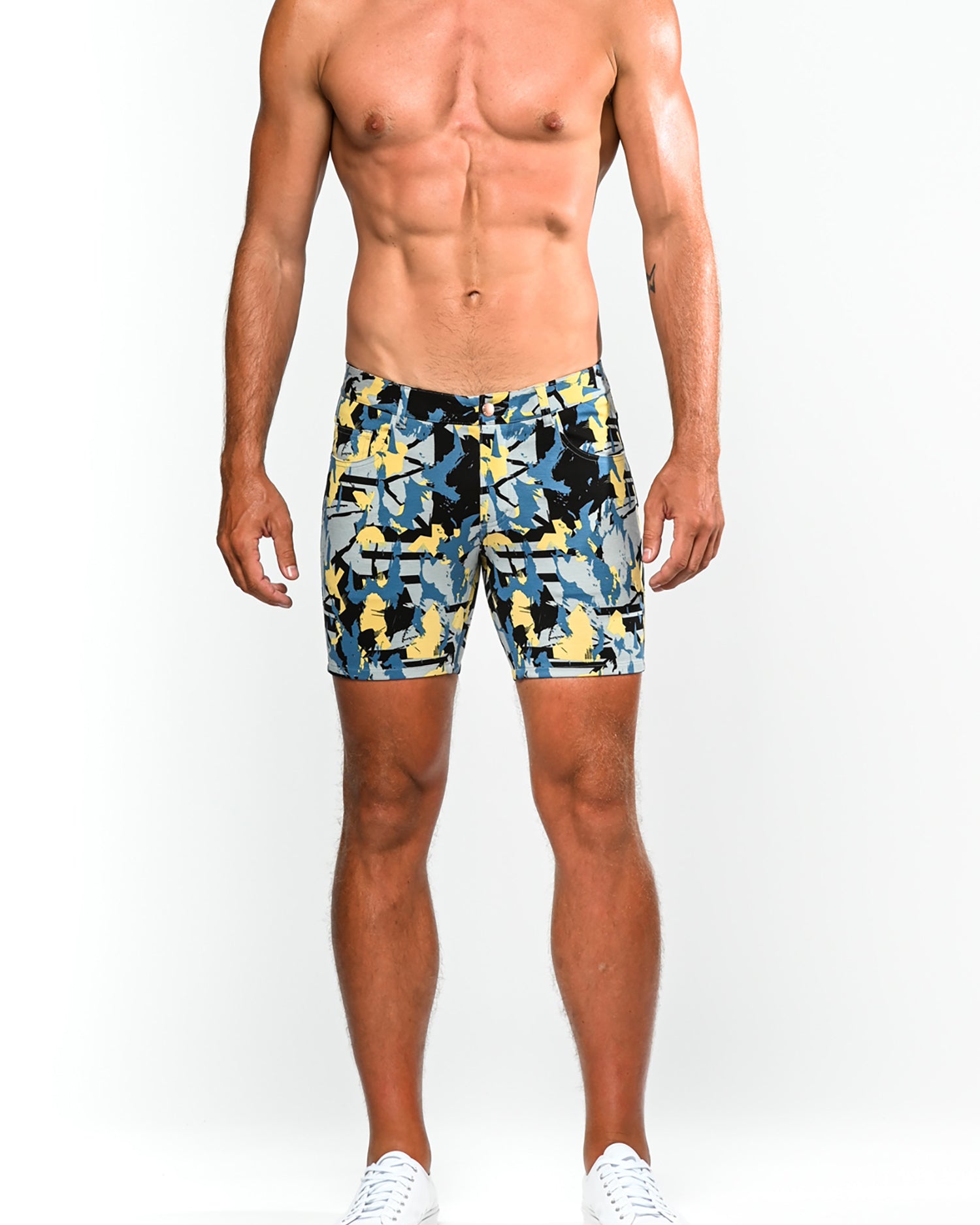 SLATE/BLACK PAINT STROKES PRINTED 5" INSEAM KNIT STRETCH SHORTS ST-1932-LX- Final Sale