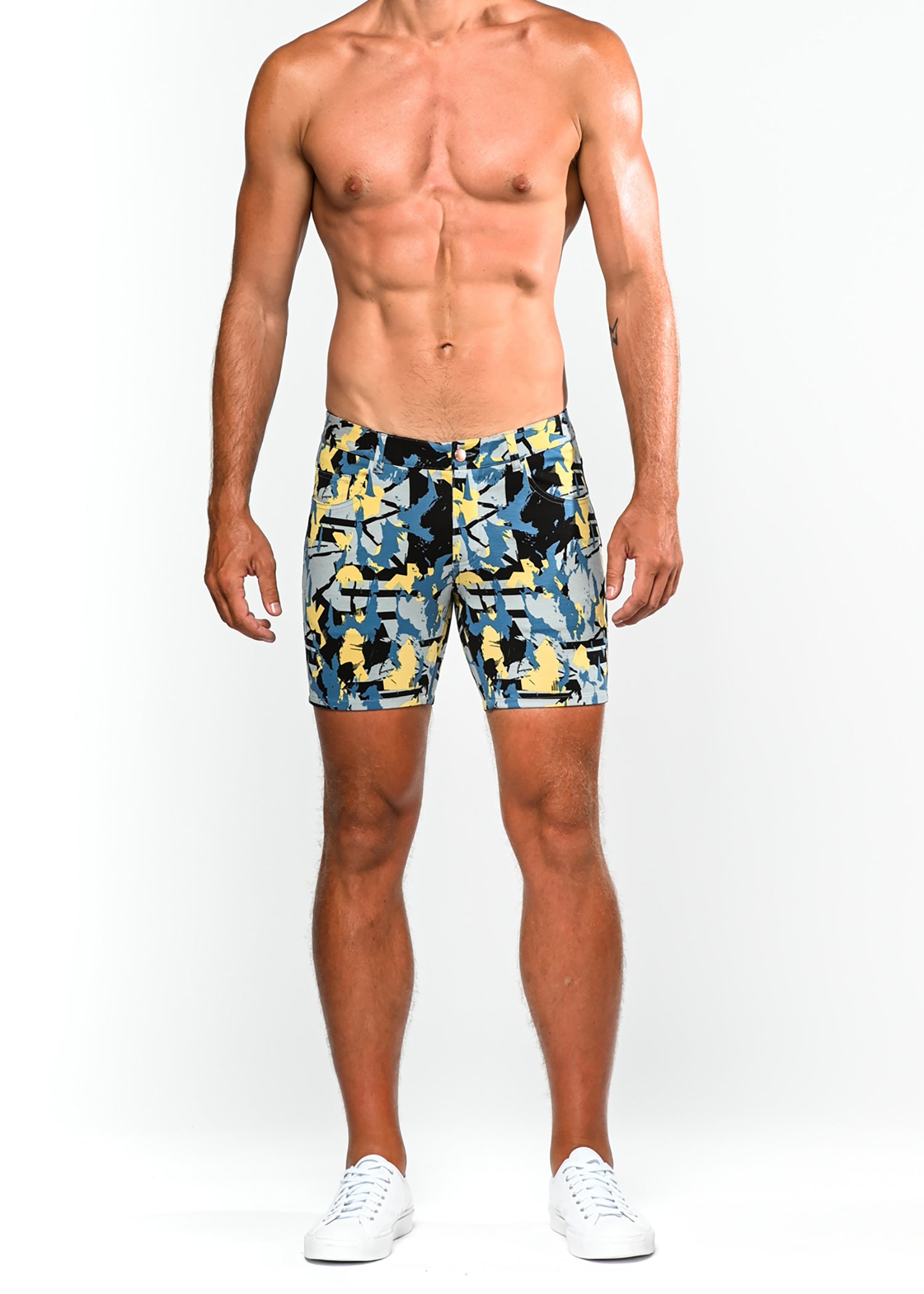 SLATE/BLACK PAINT STROKES PRINTED 5" INSEAM KNIT STRETCH SHORTS ST-1932-LX- Final Sale