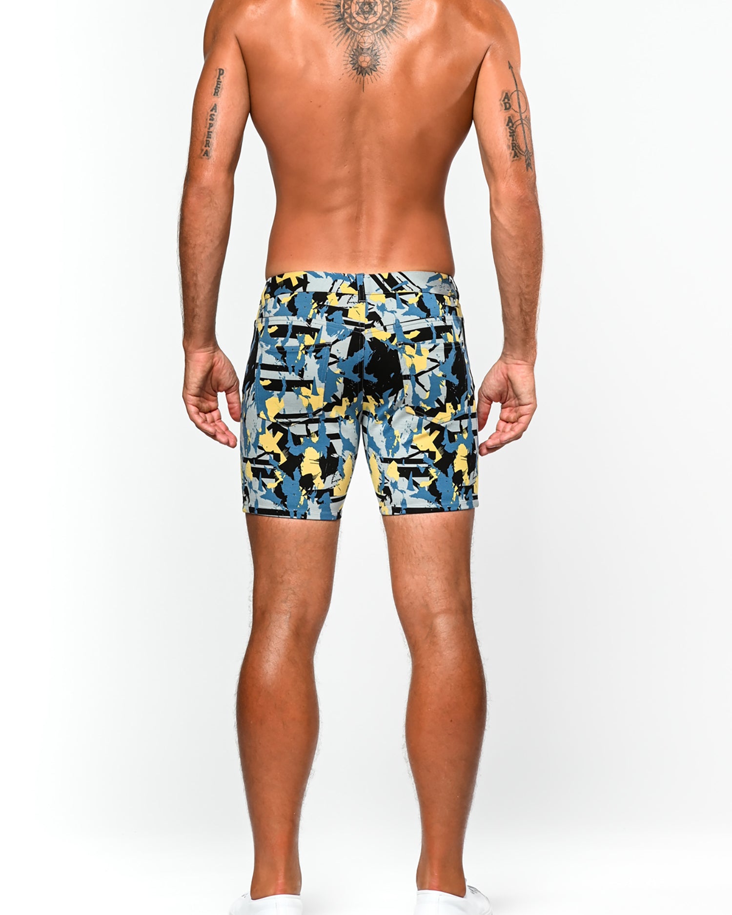SLATE/BLACK PAINT STROKES PRINTED 5" INSEAM KNIT STRETCH SHORTS ST-1932-LX- Final Sale