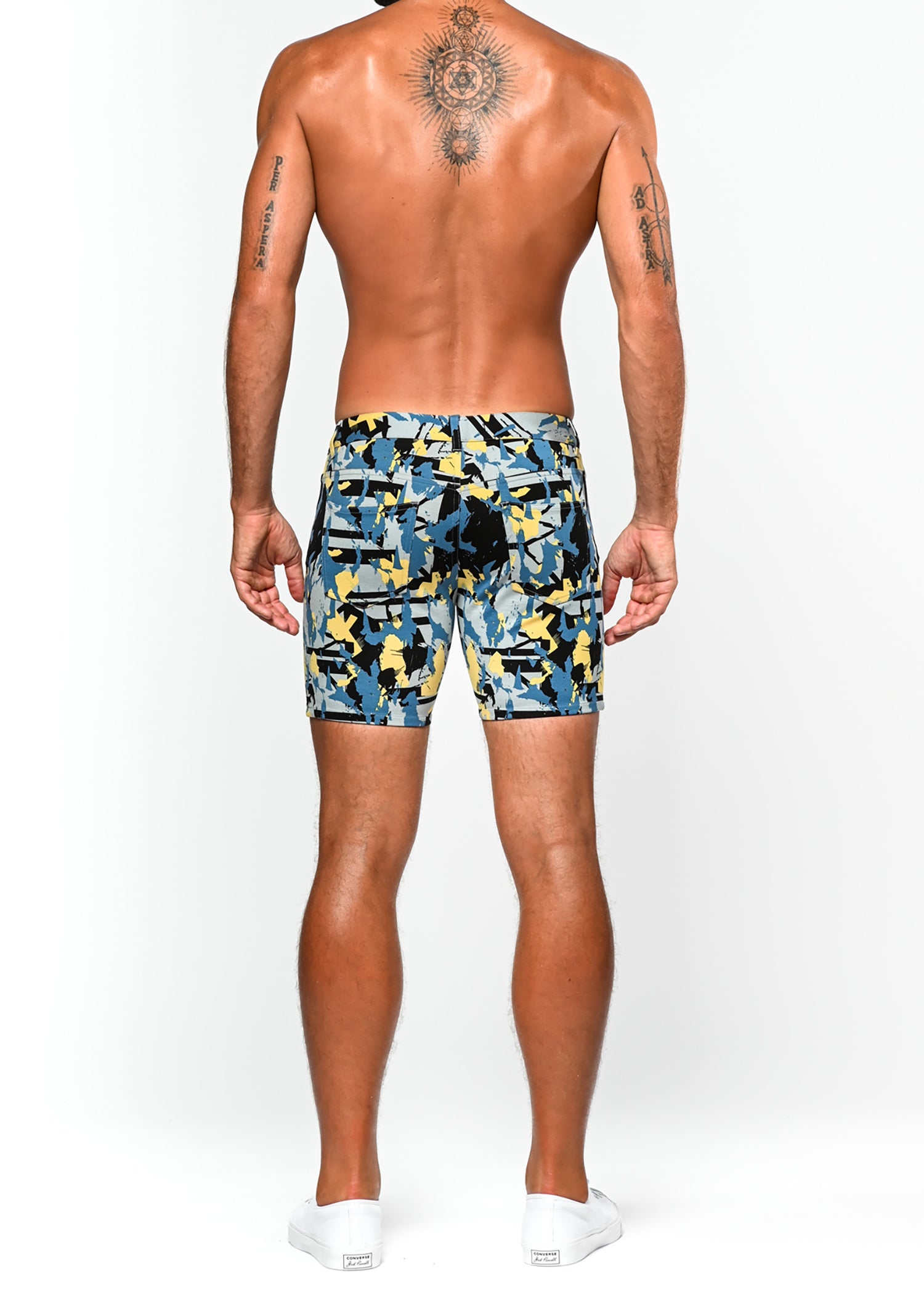 SLATE/BLACK PAINT STROKES PRINTED 5" INSEAM KNIT STRETCH SHORTS ST-1932-LX- Final Sale