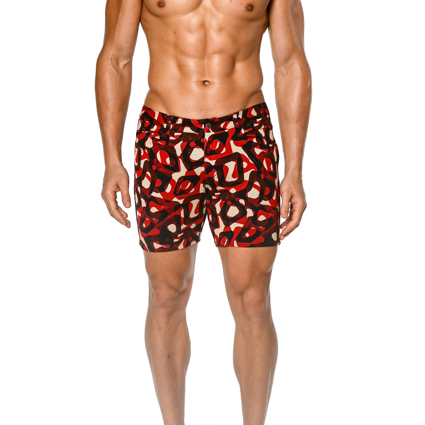 RED/BLACK POPPY RINGS 5" INSEAM KNIT STETCH JEANS SHORT ST-1932-LX-Final Sale