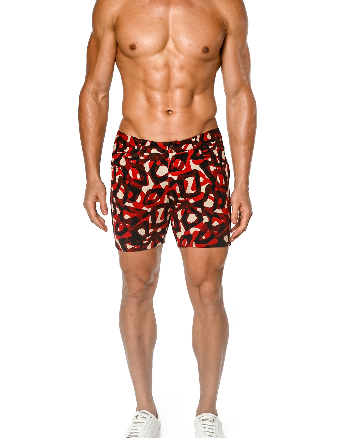 RED/BLACK POPPY RINGS 5" INSEAM KNIT STETCH JEANS SHORT ST-1932-LX-Final Sale