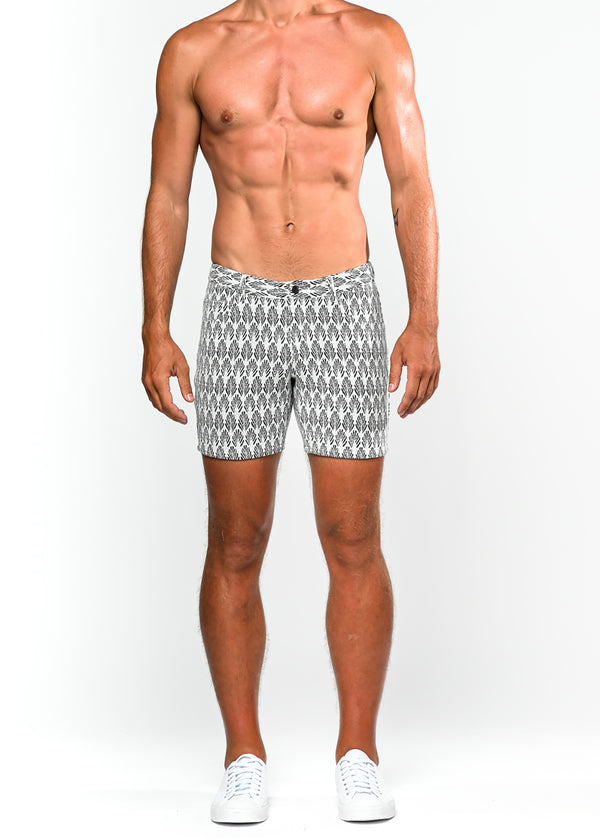 WHITE/BLACK PALMS 5" JACQUARD KNIT STRETCH SHORT ST-1932- Final Sale