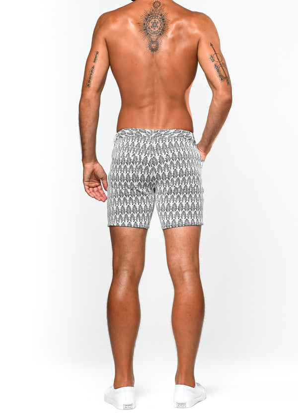 WHITE/BLACK PALMS 5" JACQUARD KNIT STRETCH SHORT ST-1932- Final Sale