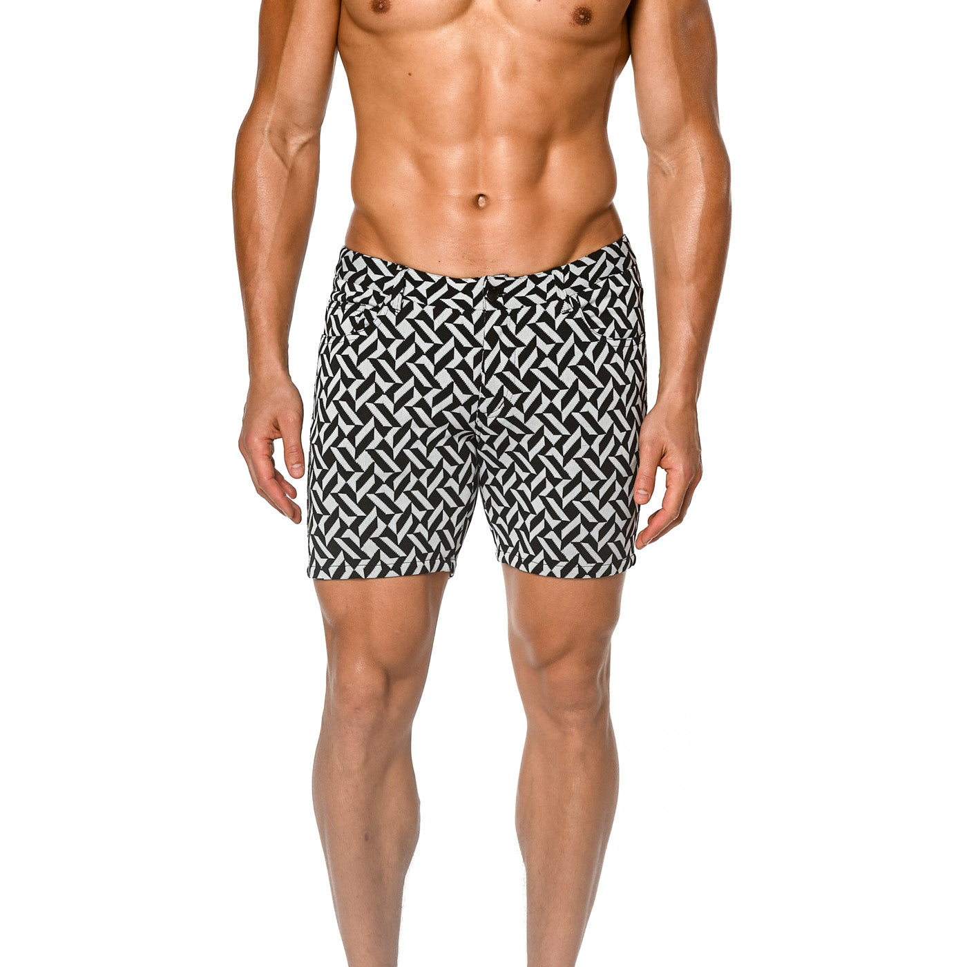 BLACK/WHITE PARQUET JACQUARD KNIT 5" INSEAM JEANS SHORT ST-1932- Final Sale