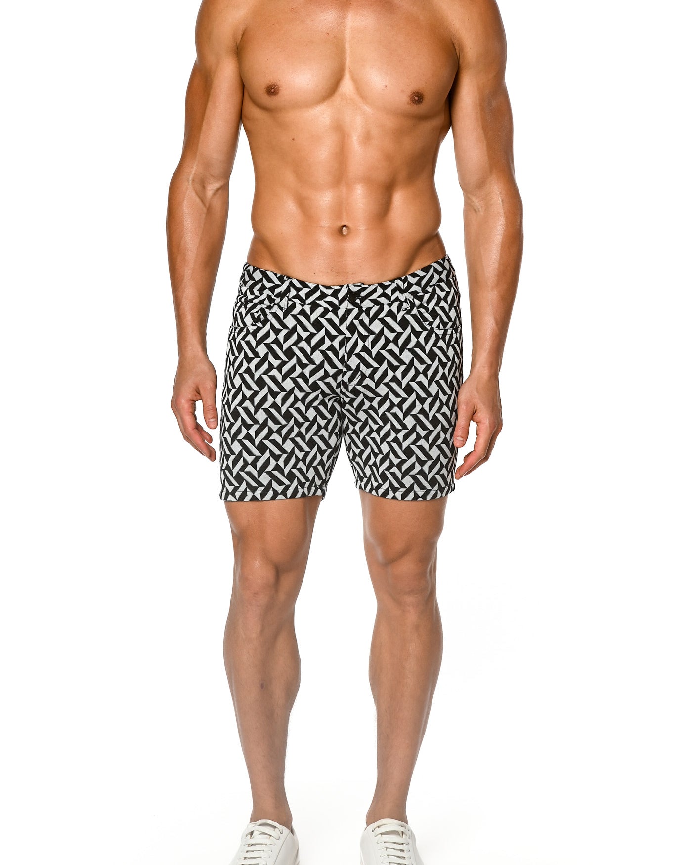 BLACK/WHITE PARQUET JACQUARD KNIT 5" INSEAM JEANS SHORT ST-1932- Final Sale