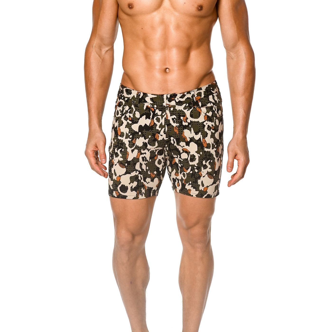 KALE/BLACK ABSTRACT 5" INSEAM PRINTED STRETCH KNIT JEANS SHORTS  ST-1932 Final Sale