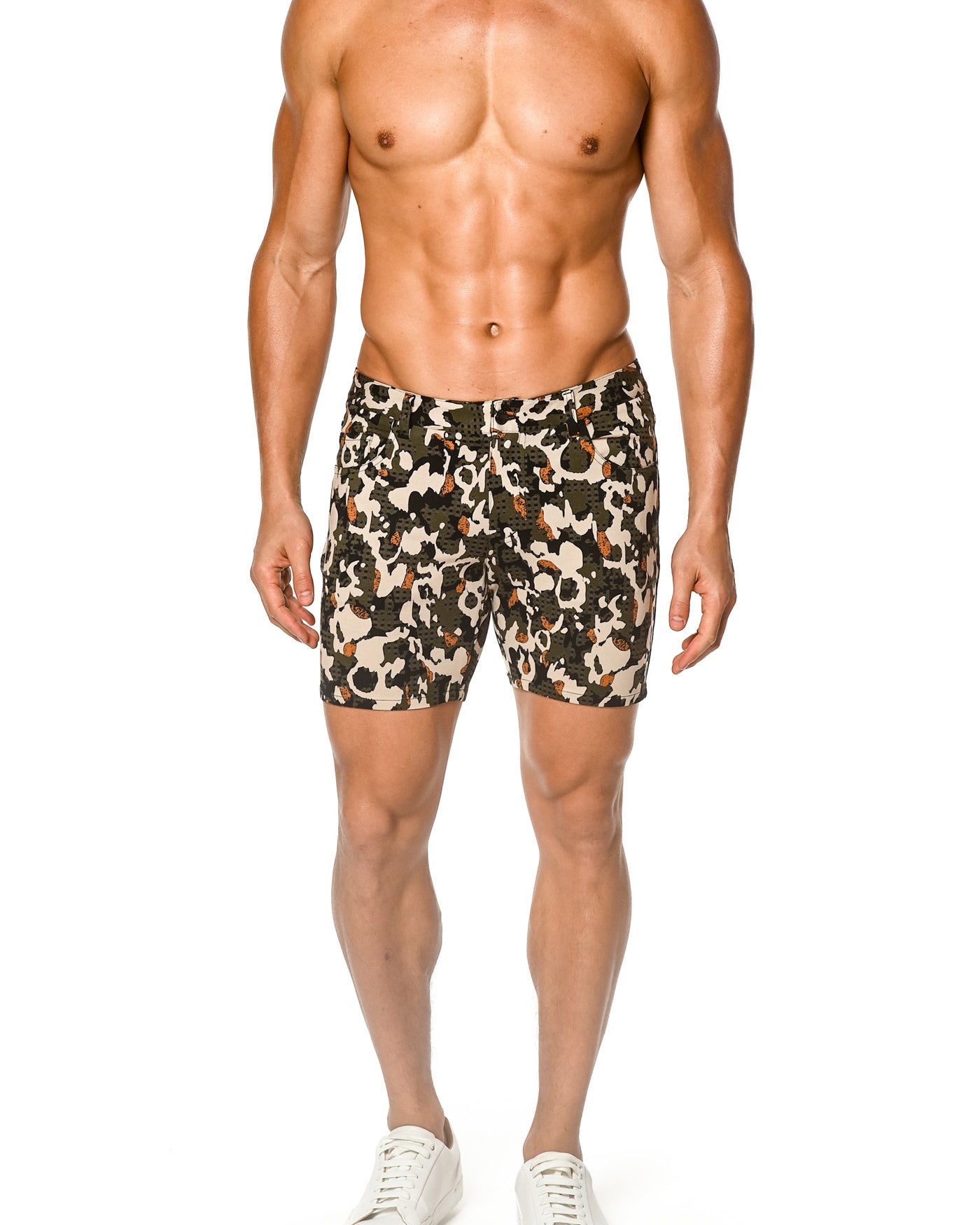 KALE/BLACK ABSTRACT 5" INSEAM PRINTED STRETCH KNIT JEANS SHORTS  ST-1932 Final Sale