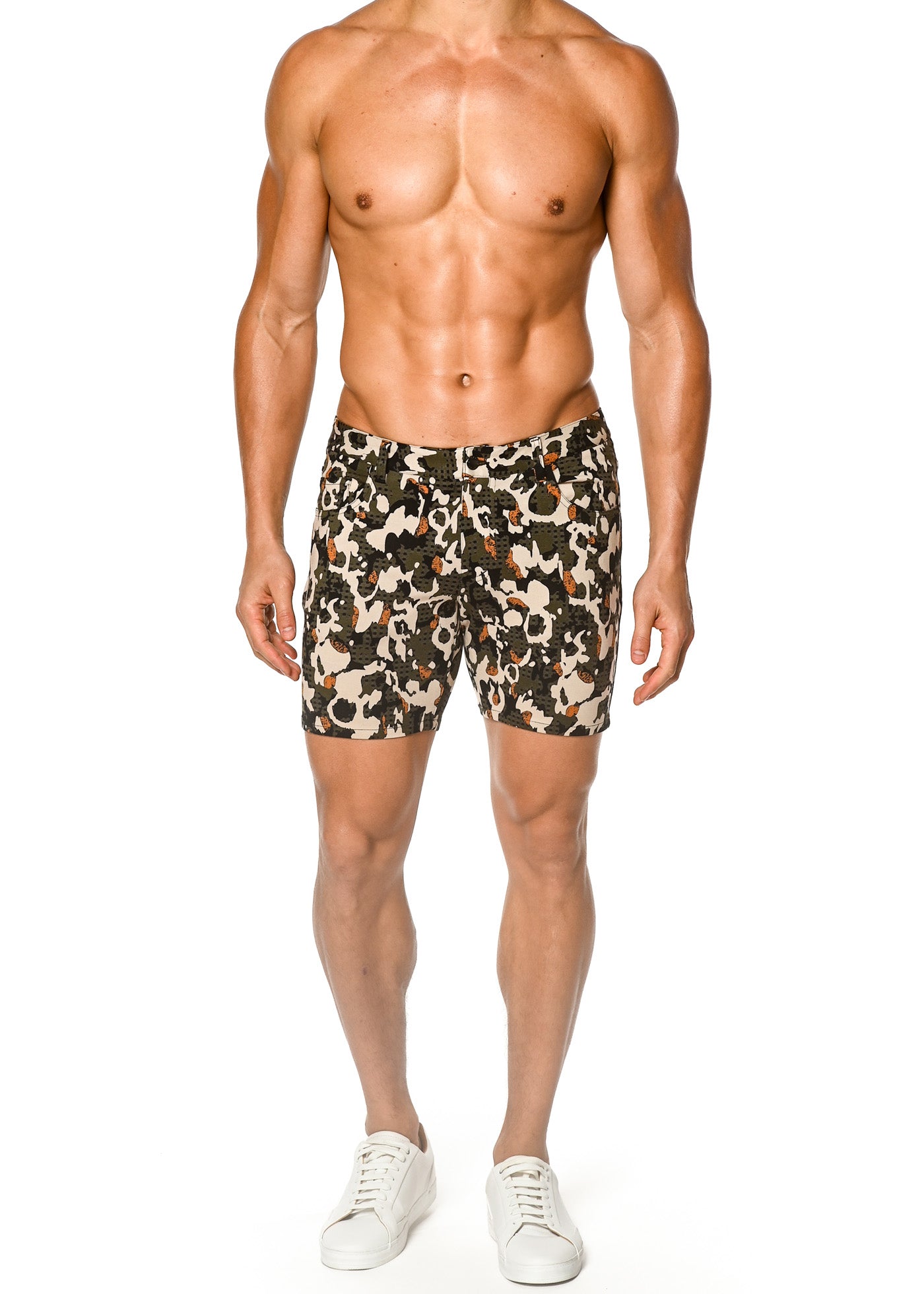 KALE/BLACK ABSTRACT 5" INSEAM PRINTED STRETCH KNIT JEANS SHORTS  ST-1932 Final Sale