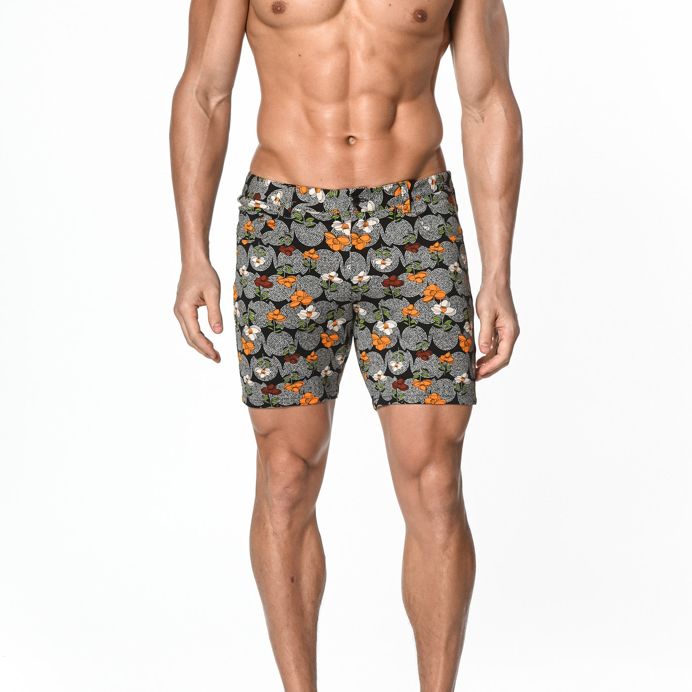 MIDNIGHT/GOLD COIL FLORAL PRINTED 5" INSEAM STRETCH KNIT JEANS SHORT ST-1932-Final Sale