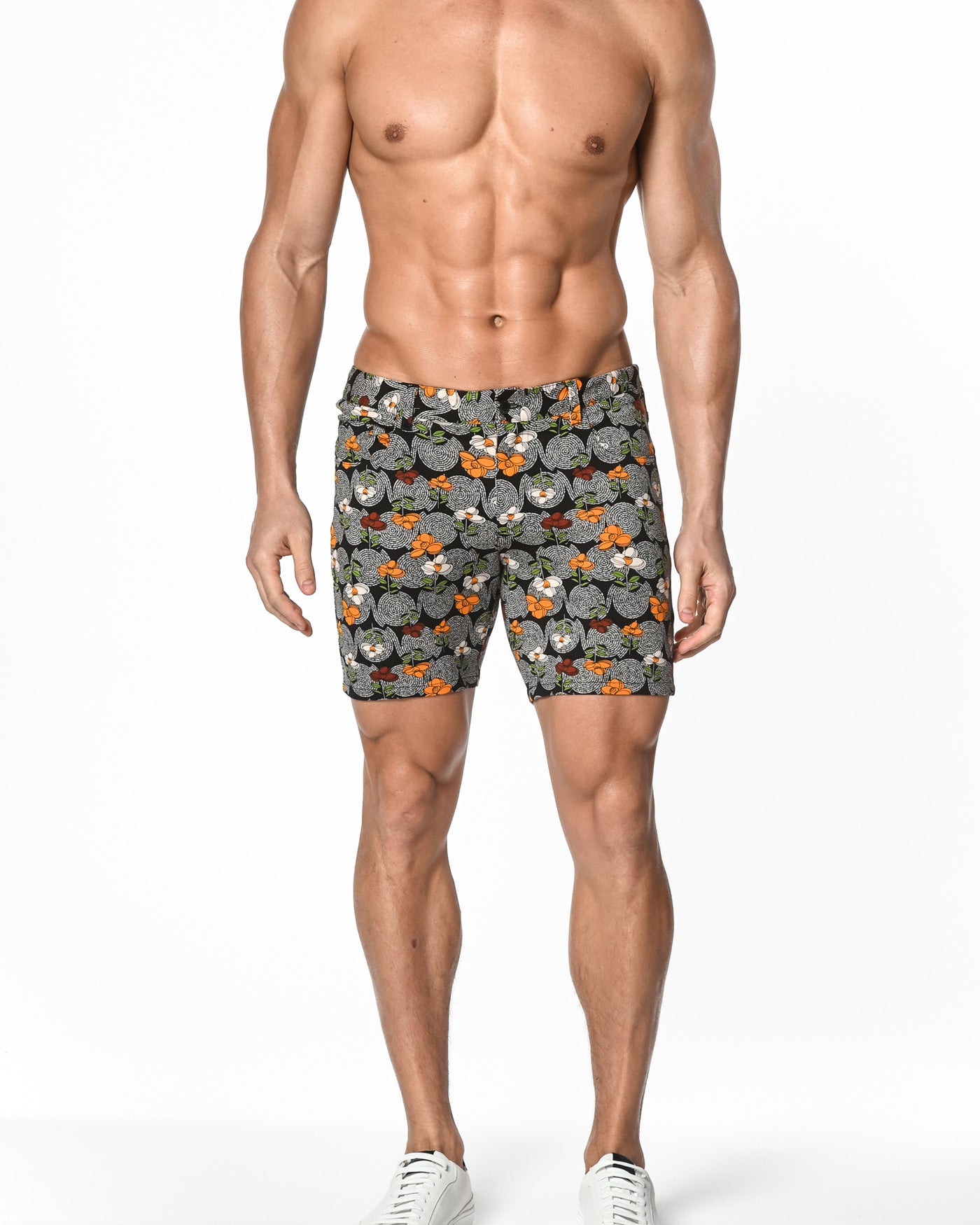 MIDNIGHT/GOLD COIL FLORAL PRINTED 5" INSEAM STRETCH KNIT JEANS SHORT ST-1932-Final Sale