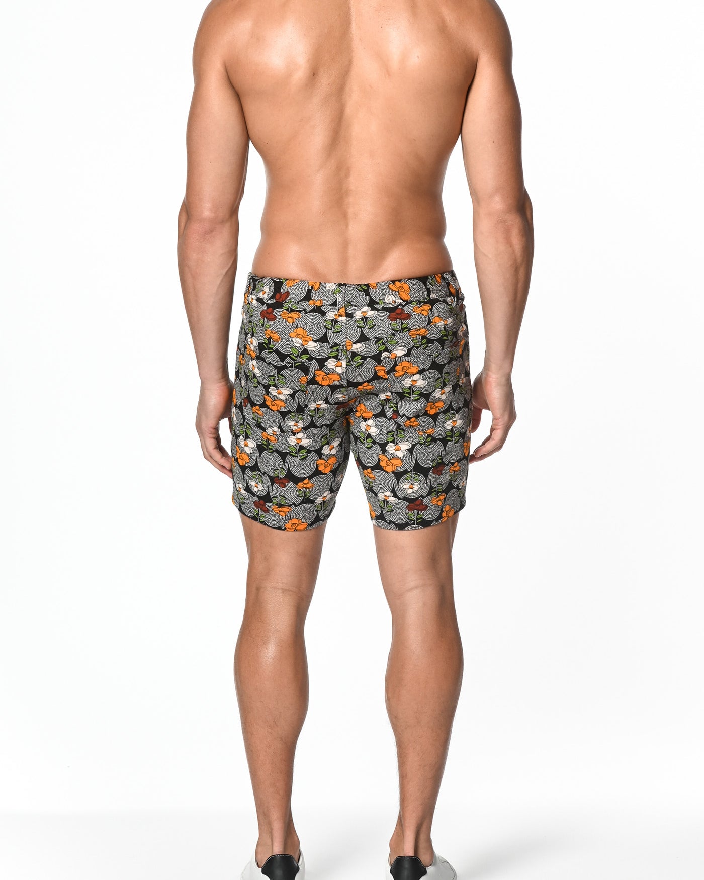 MIDNIGHT/GOLD COIL FLORAL PRINTED 5" INSEAM STRETCH KNIT JEANS SHORT ST-1932-Final Sale