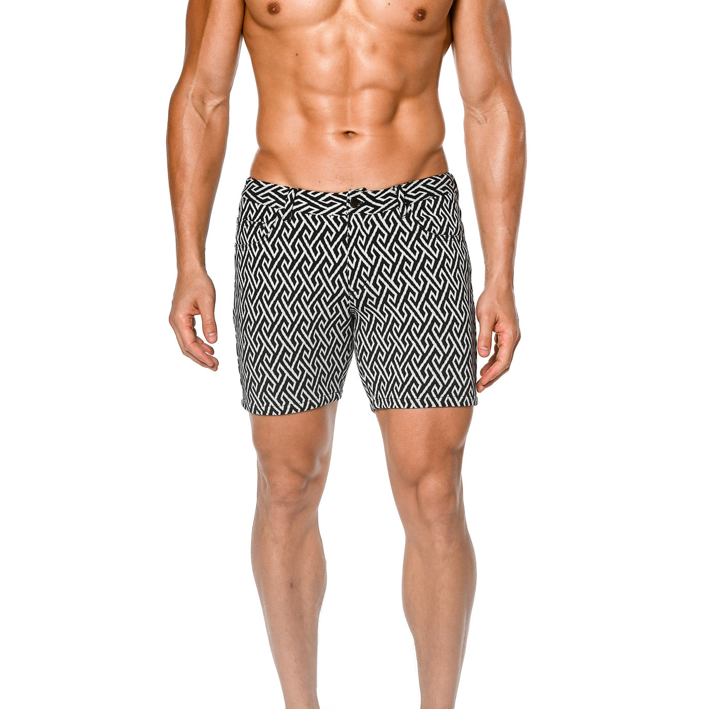 WHITE/BLACK ANGLE MAZE JACQUARD KNIT 5" INSEAM JEANS SHORT ST-1932- Final Sale