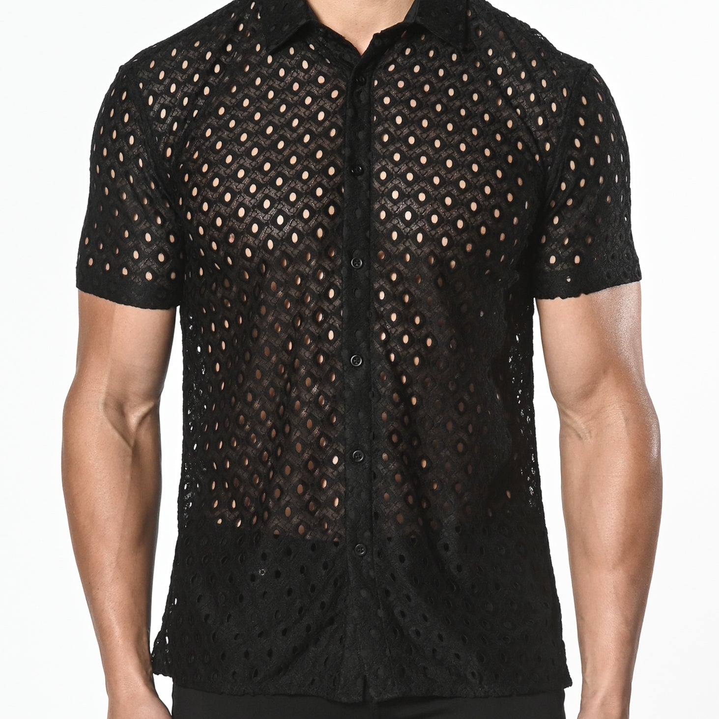BLACK STRETCH KNIT LACE GOSSAMER SHORT SLEEVE SHIRT ST-24012