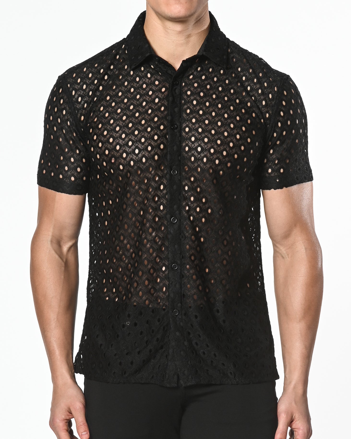 BLACK STRETCH KNIT LACE GOSSAMER SHORT SLEEVE SHIRT ST-24012