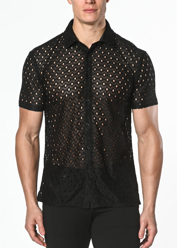 BLACK STRETCH KNIT LACE GOSSAMER SHORT SLEEVE SHIRT ST-24012