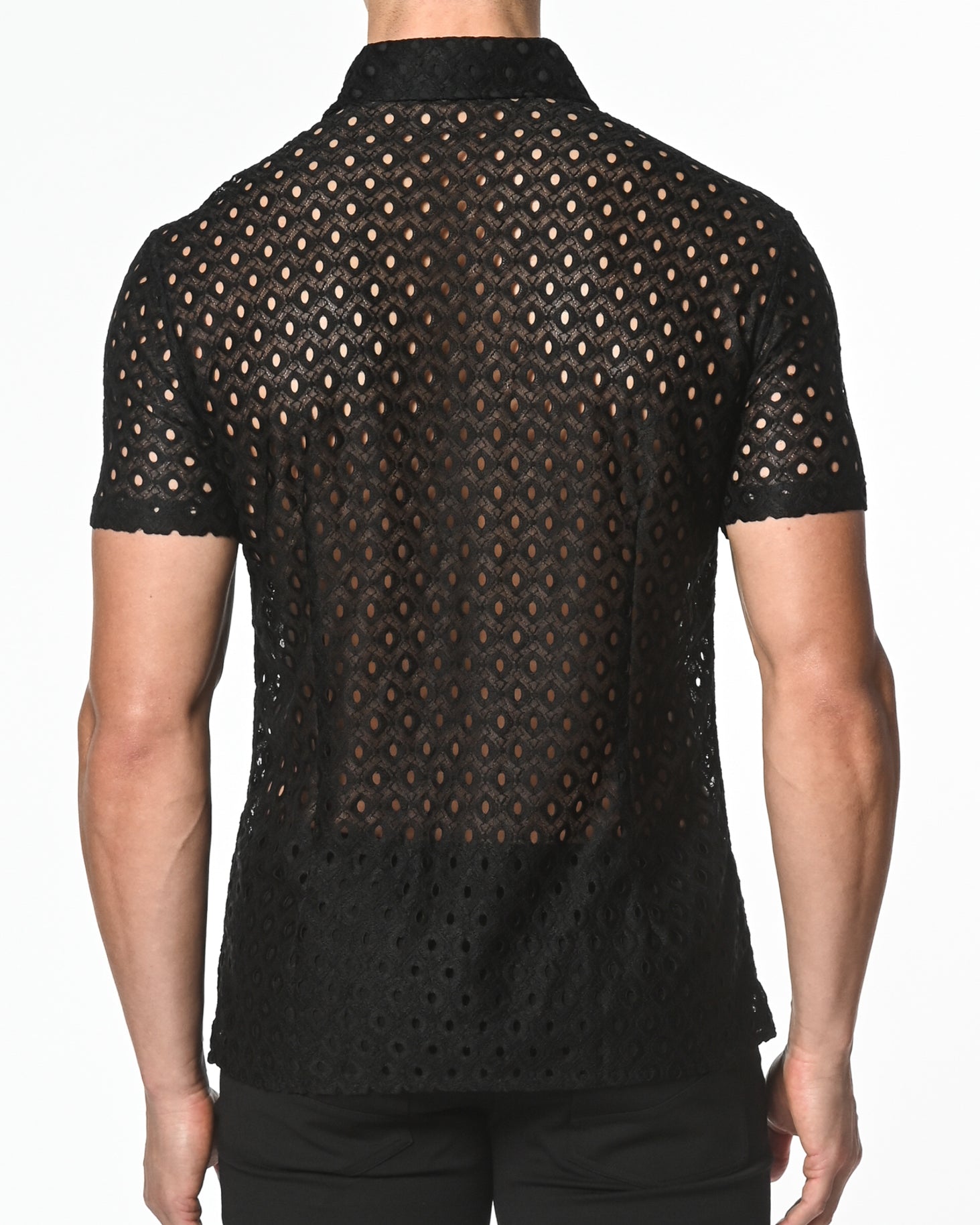 BLACK STRETCH KNIT LACE GOSSAMER SHORT SLEEVE SHIRT ST-24012