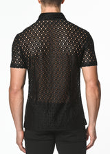 BLACK STRETCH KNIT LACE GOSSAMER SHORT SLEEVE SHIRT ST-24012