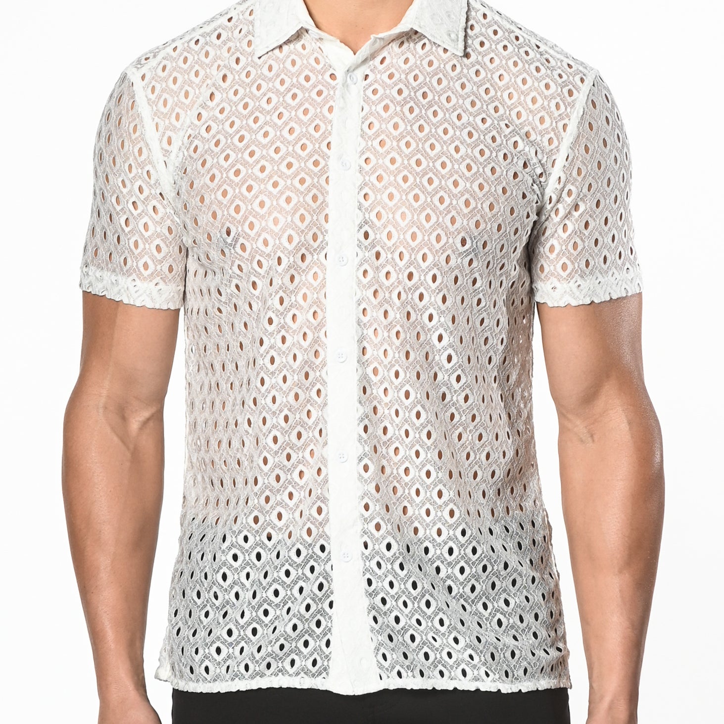 WHITE STRETCH KNIT LACE GOSSAMER SHORT SLEEVE SHIRT ST-24012