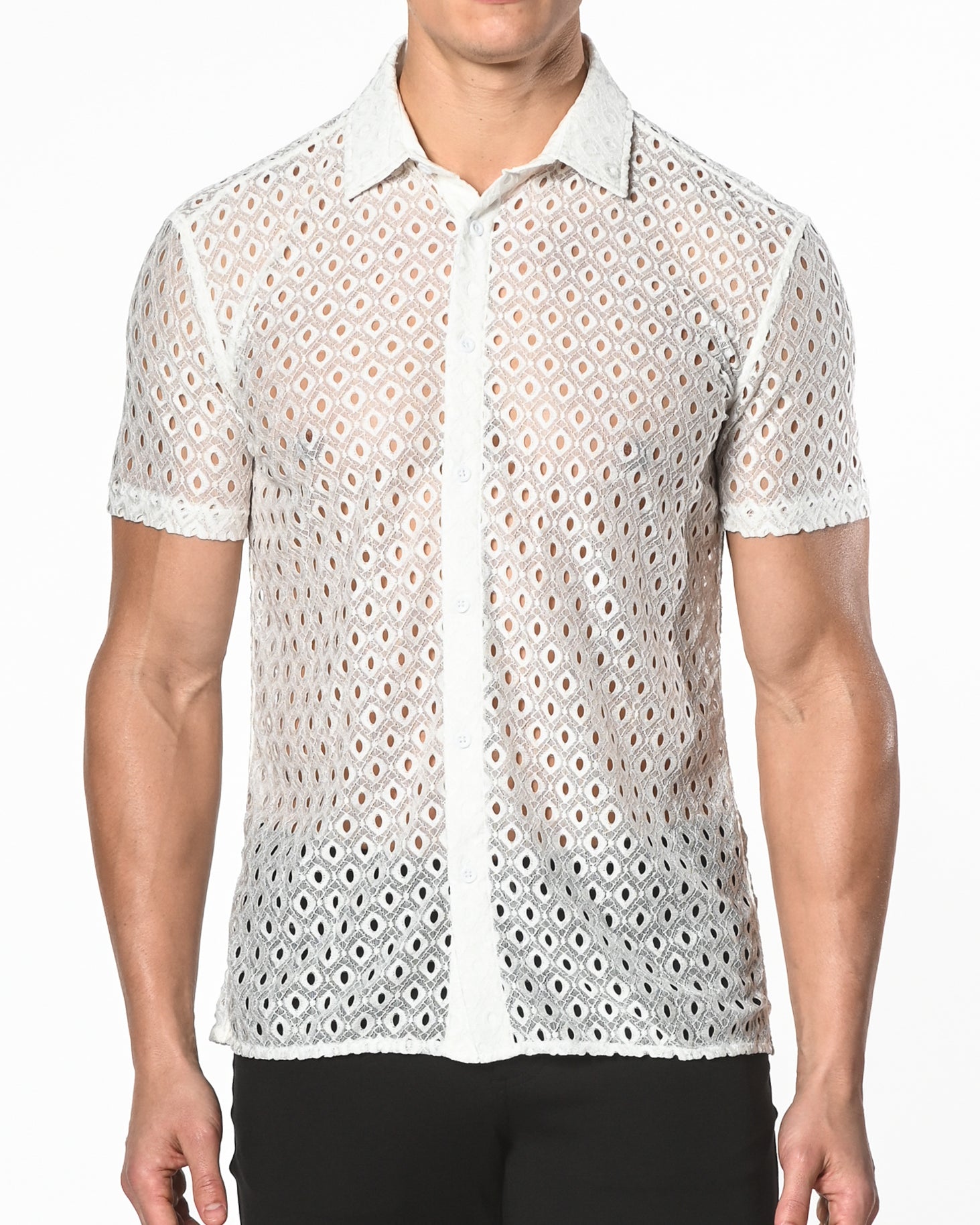 WHITE STRETCH KNIT LACE GOSSAMER SHORT SLEEVE SHIRT ST-24012
