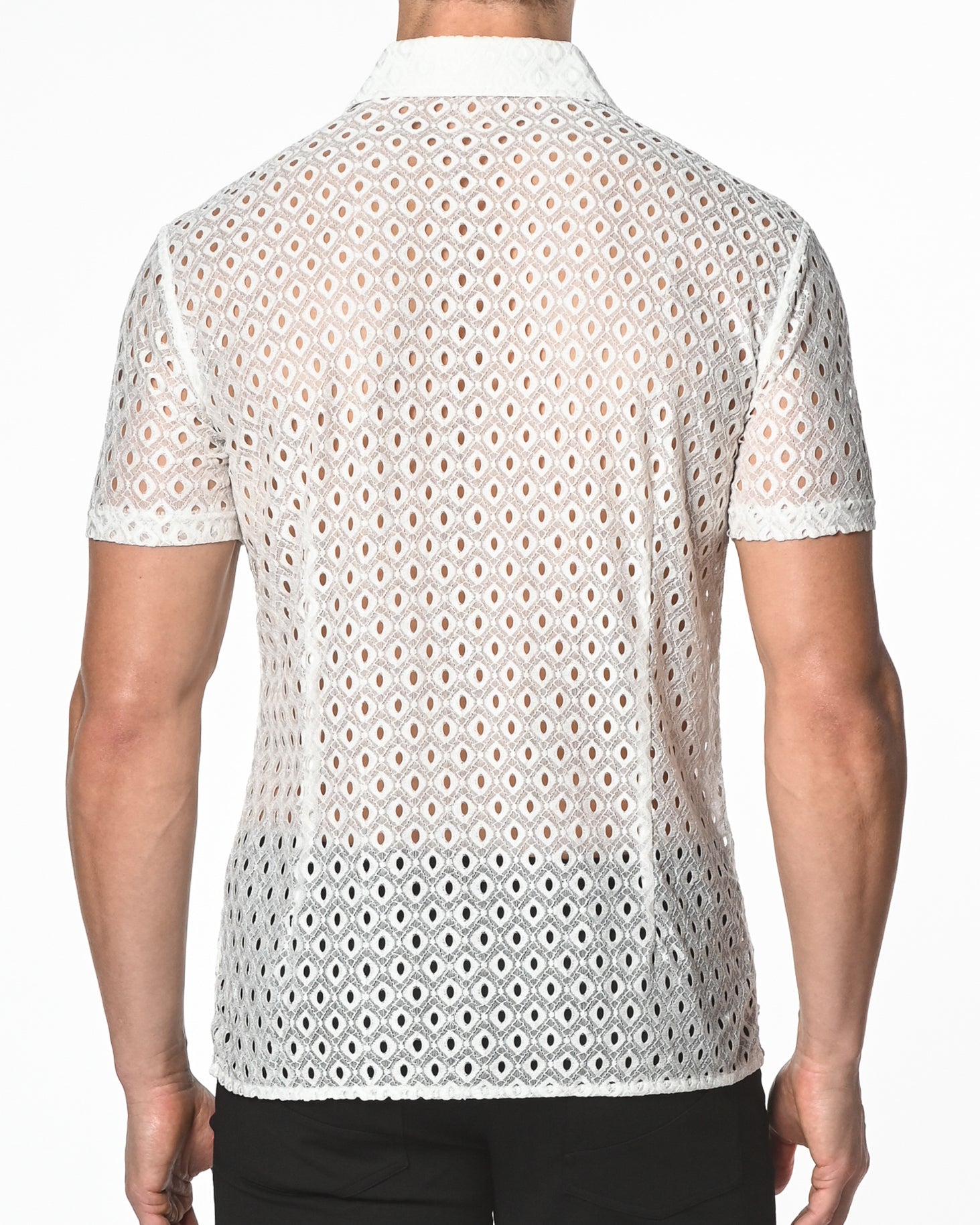 WHITE STRETCH KNIT LACE GOSSAMER SHORT SLEEVE SHIRT ST-24012