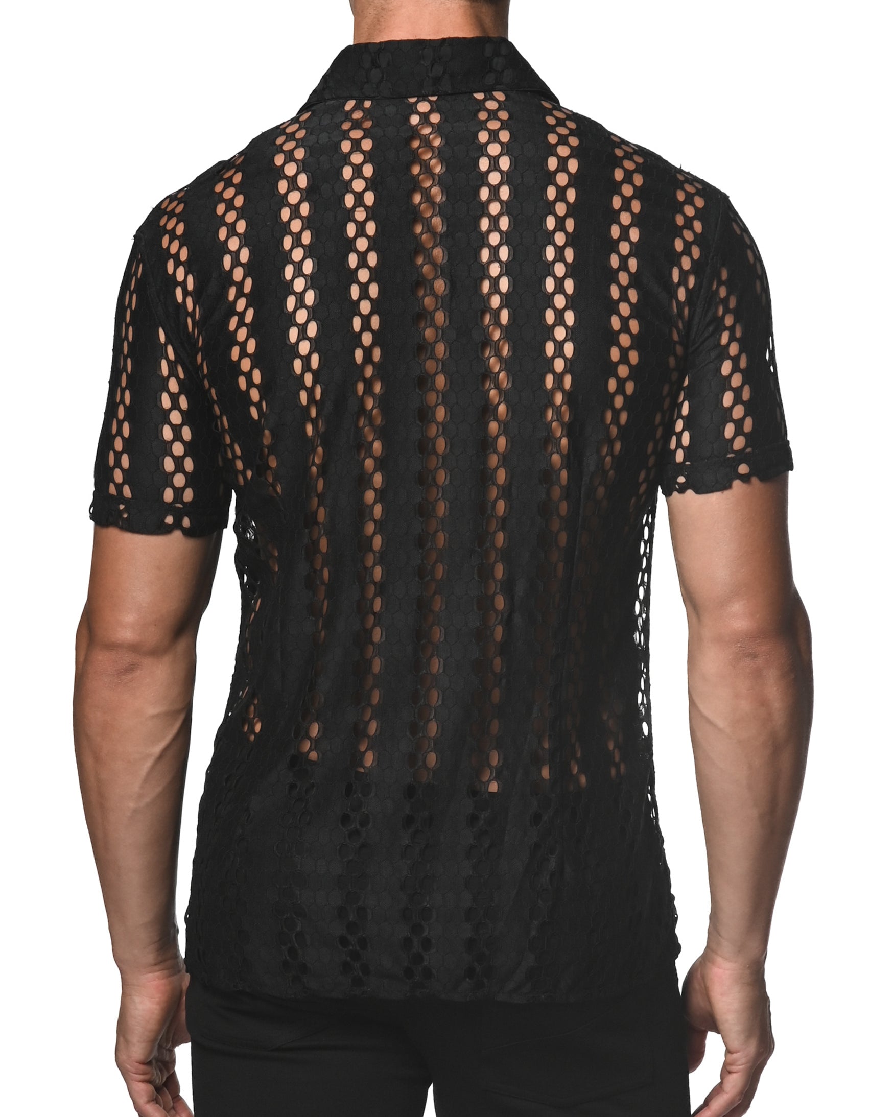BLACK HONEYCOMB STRETCH LACE GOSSAMER SHIRT ST-24014