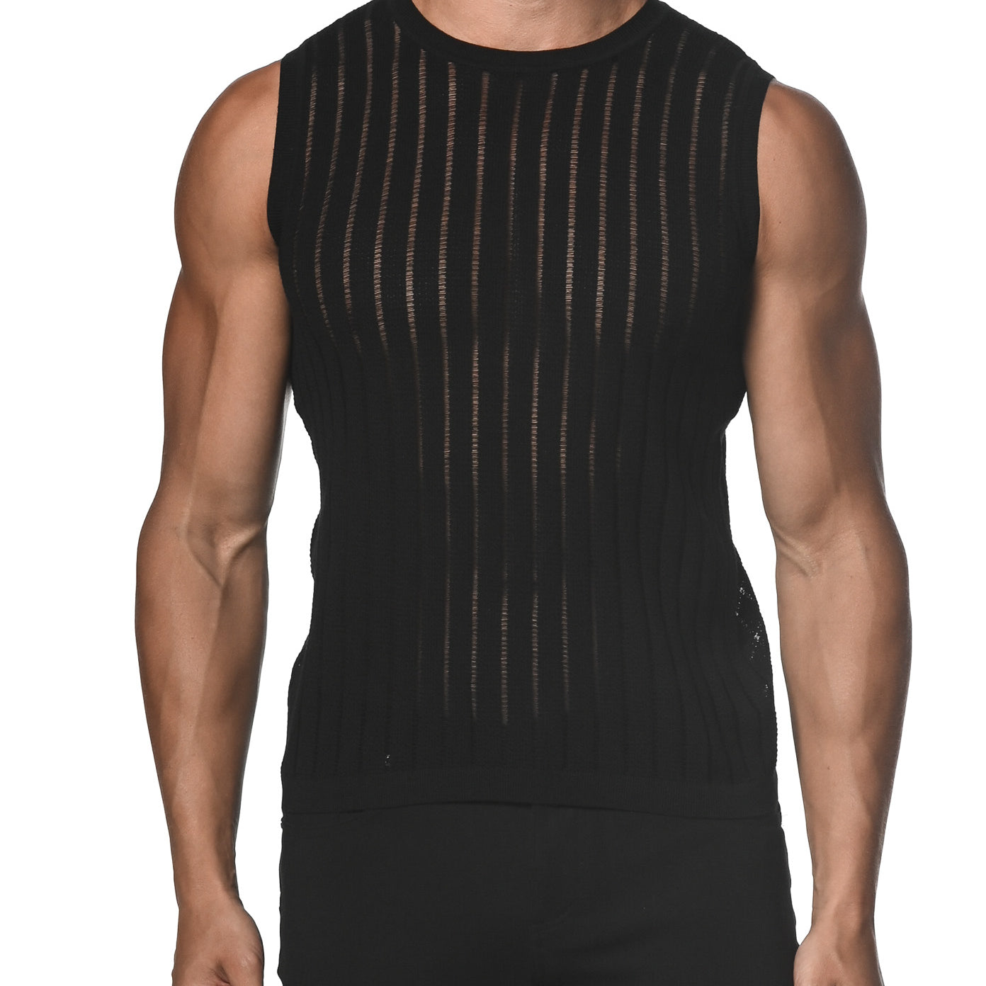 BLACK SHEER VERTICAL STRIPE TEXTURED KNITTED VEST  ST-24018