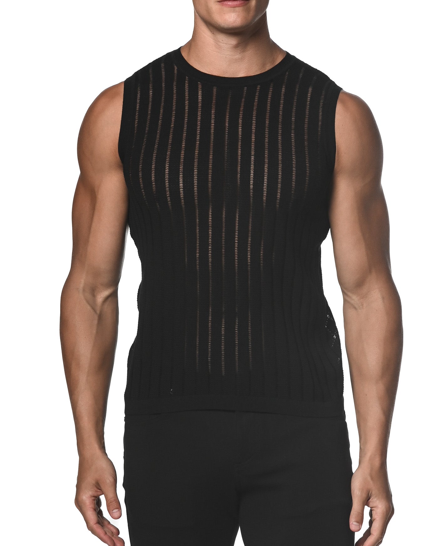 BLACK SHEER VERTICAL STRIPE TEXTURED KNITTED VEST  ST-24018