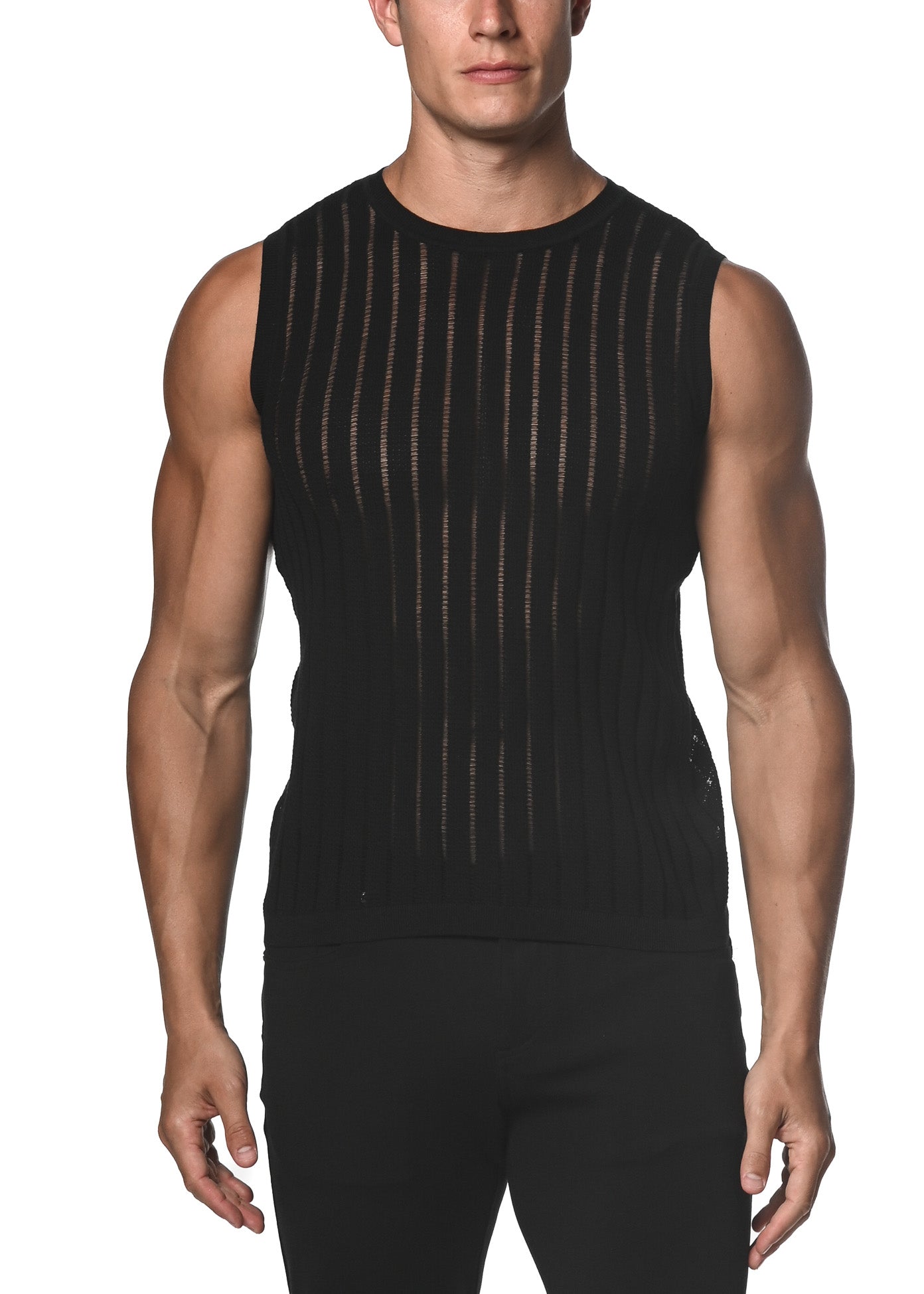 BLACK SHEER VERTICAL STRIPE TEXTURED KNITTED VEST  ST-24018