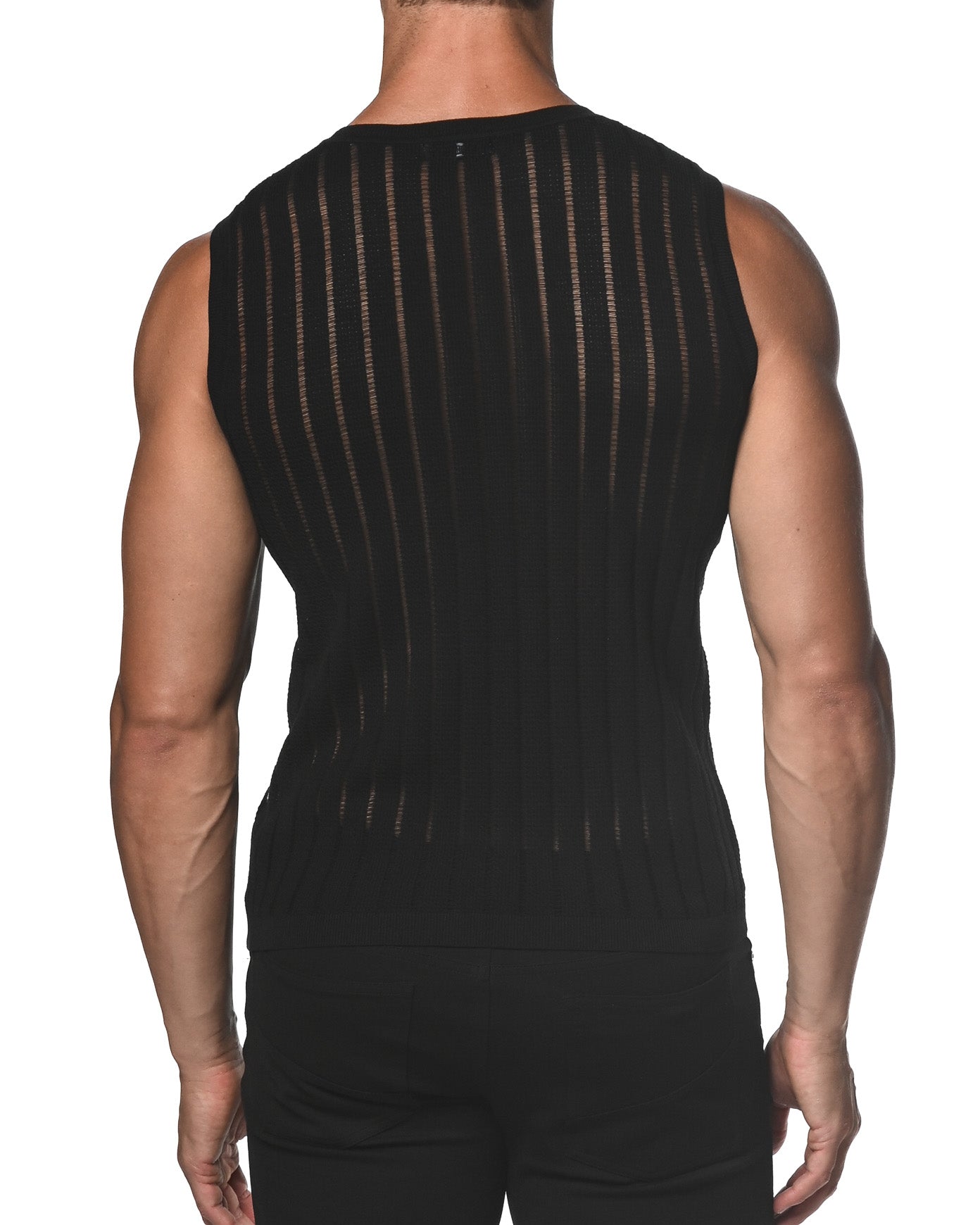 BLACK SHEER VERTICAL STRIPE TEXTURED KNITTED VEST  ST-24018