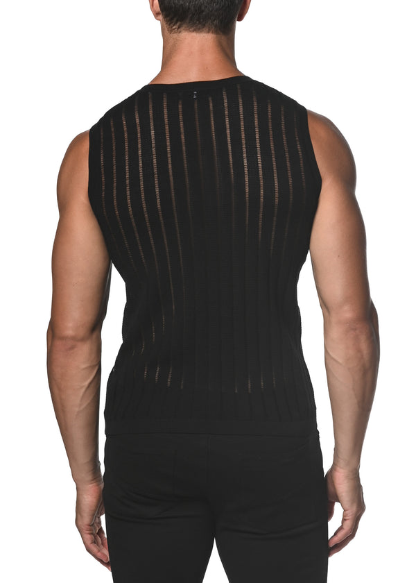 BLACK SHEER VERTICAL STRIPE TEXTURED KNITTED VEST  ST-24018