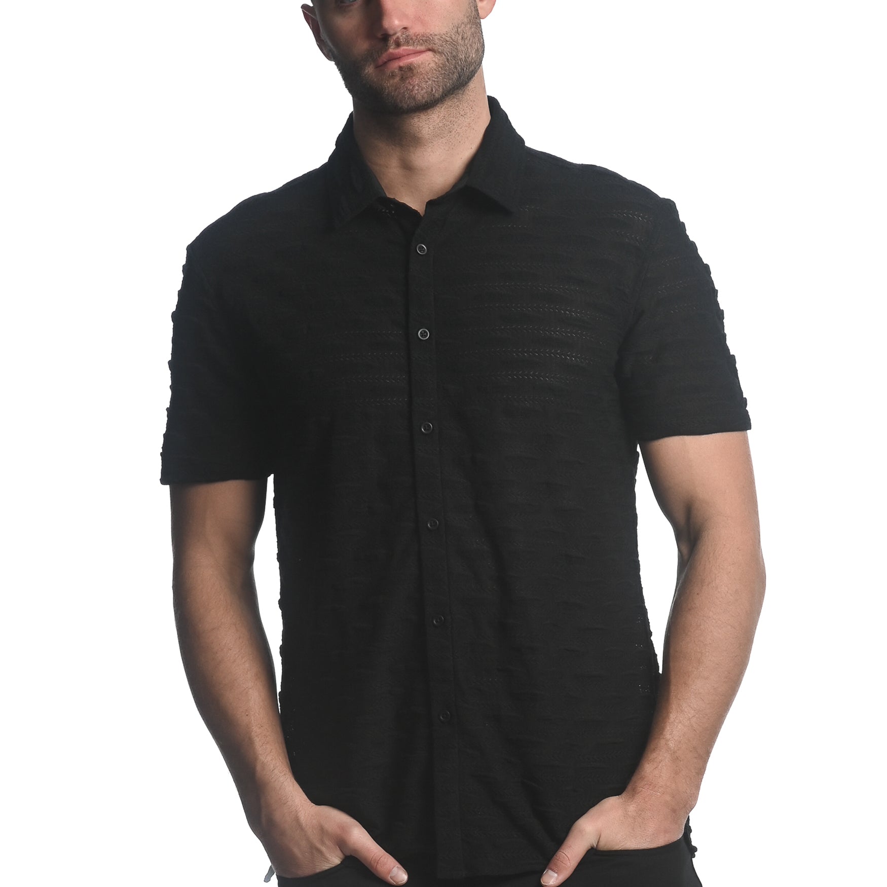 BLACK VERTICAL DROPS STRETCH KNIT GOSSAMER SHORT SLEEVE SHIRT  ST-24024