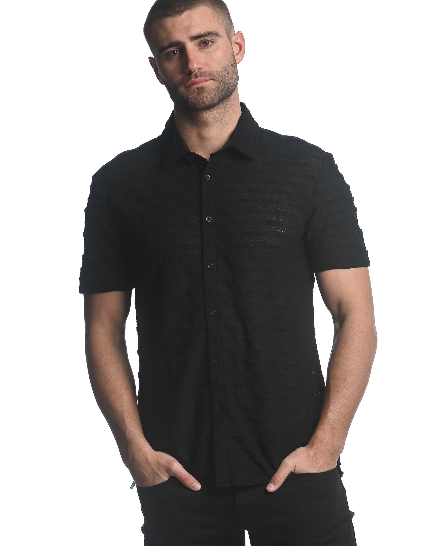 BLACK VERTICAL DROPS STRETCH KNIT GOSSAMER SHORT SLEEVE SHIRT  ST-24024