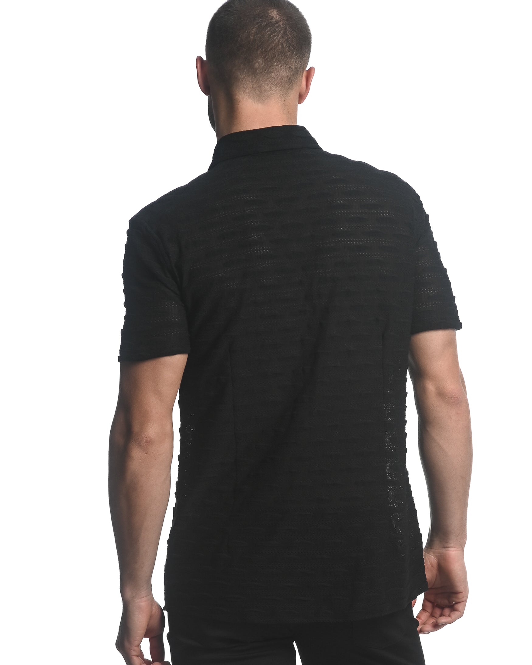 BLACK VERTICAL DROPS STRETCH KNIT GOSSAMER SHORT SLEEVE SHIRT  ST-24024