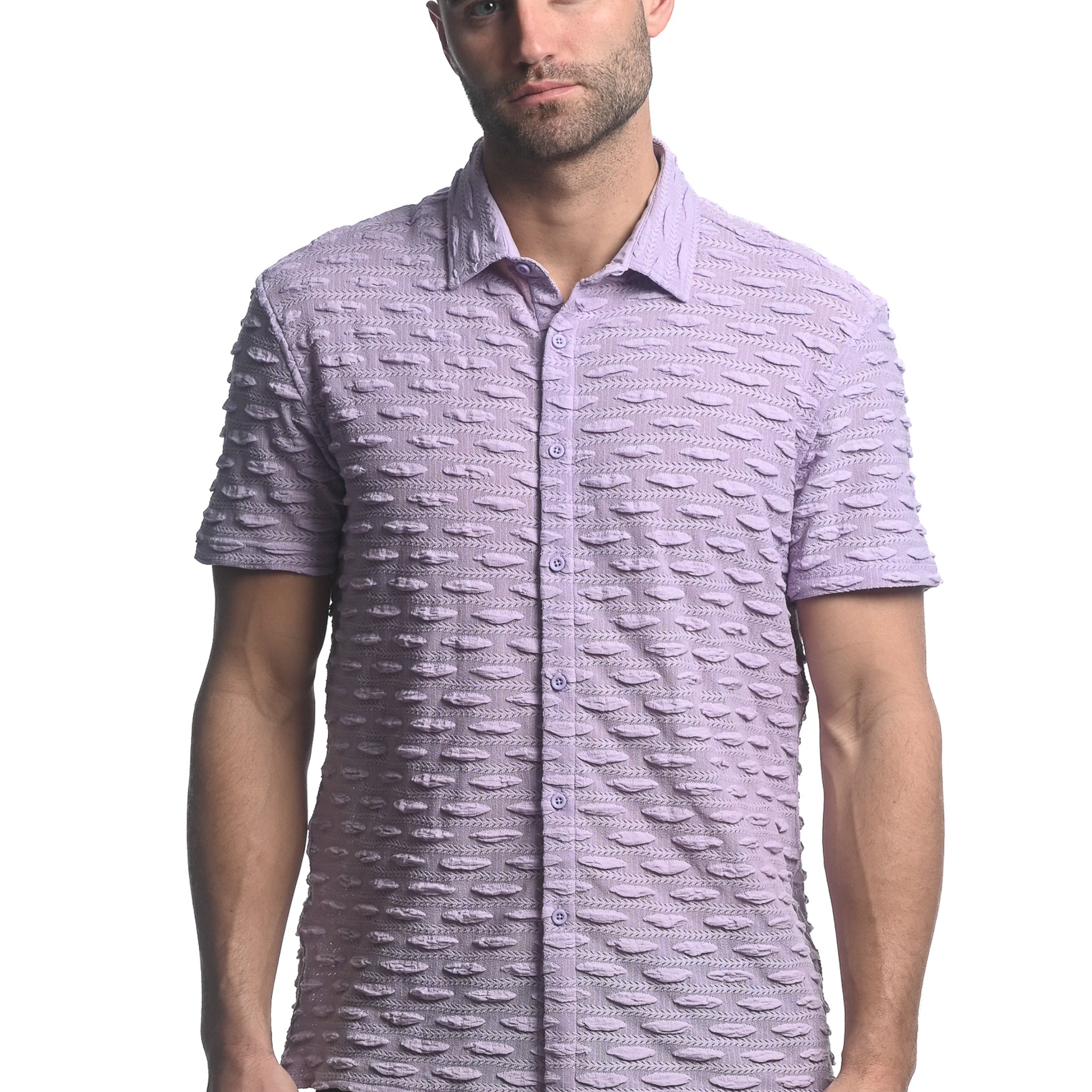 LAVENDER VERTICAL DROPS STRETCH KNIT GOSSAMER SHORT SLEEVE SHIRT ST-24024