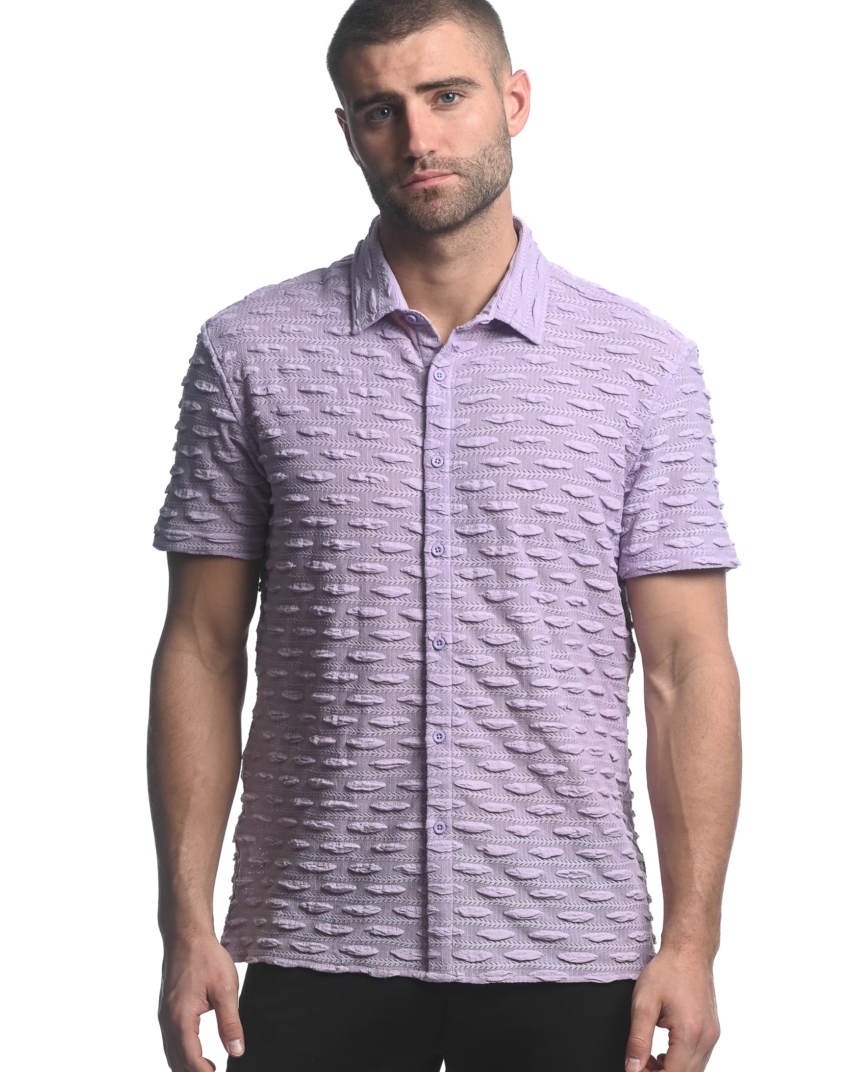 LAVENDER VERTICAL DROPS STRETCH KNIT GOSSAMER SHORT SLEEVE SHIRT ST-24024
