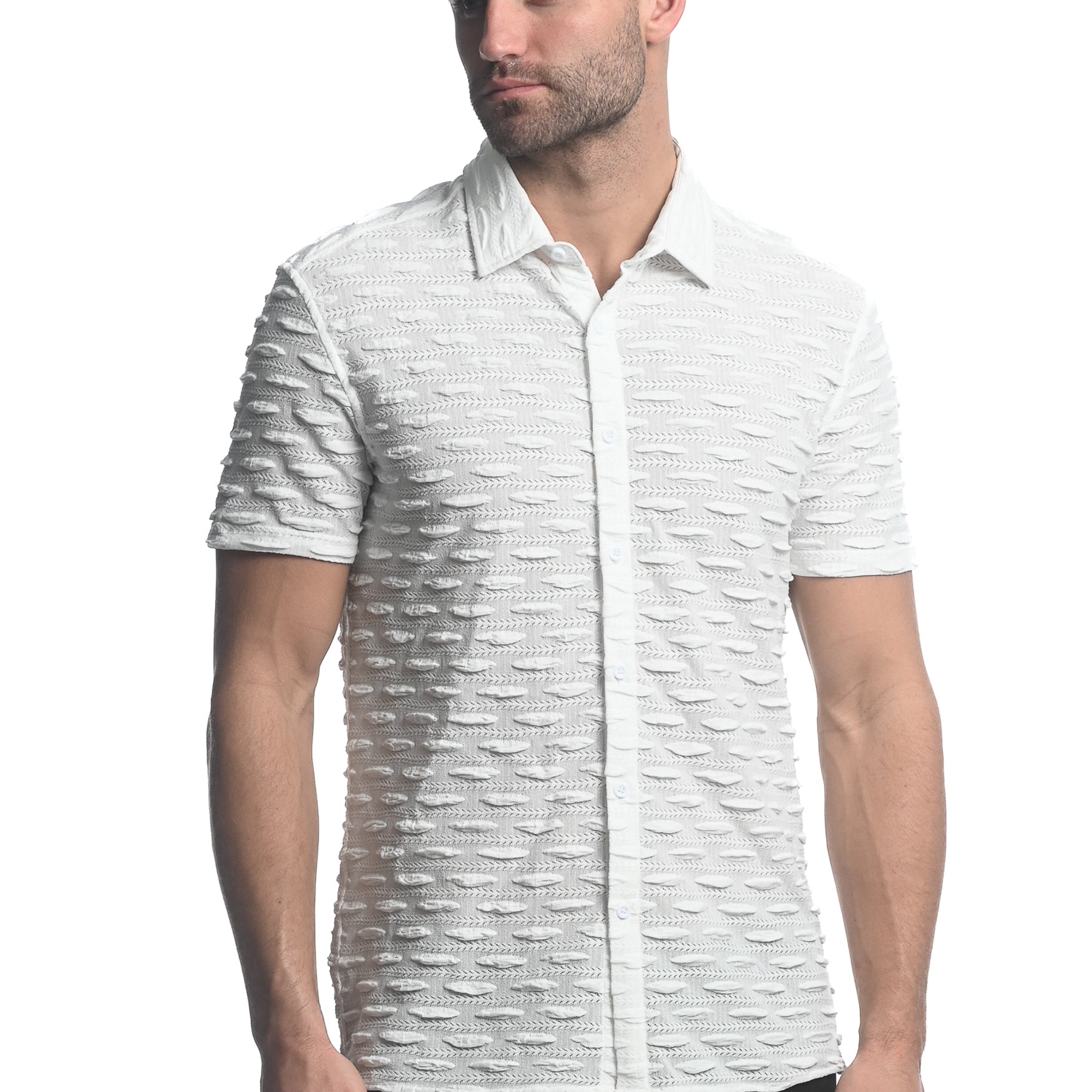 WHITE VERTICAL DROPS STRETCH KNIT GOSSAMER SHORT SLEEVE SHIRT ST-24024