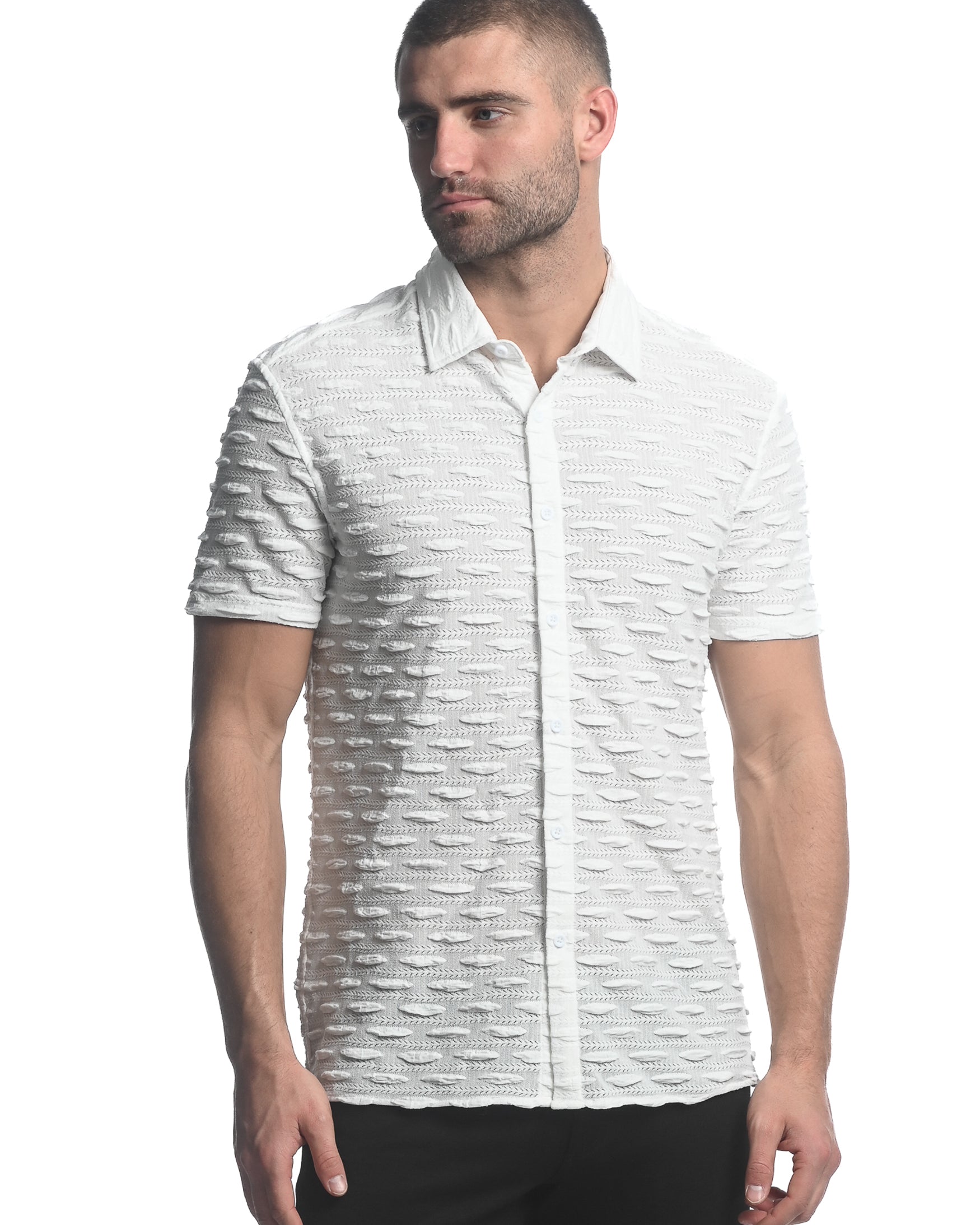 WHITE VERTICAL DROPS STRETCH KNIT GOSSAMER SHORT SLEEVE SHIRT ST-24024