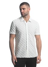 WHITE VERTICAL DROPS STRETCH KNIT GOSSAMER SHORT SLEEVE SHIRT ST-24024