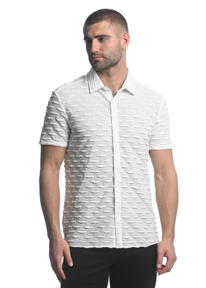 WHITE VERTICAL DROPS STRETCH KNIT GOSSAMER SHORT SLEEVE SHIRT ST-24024
