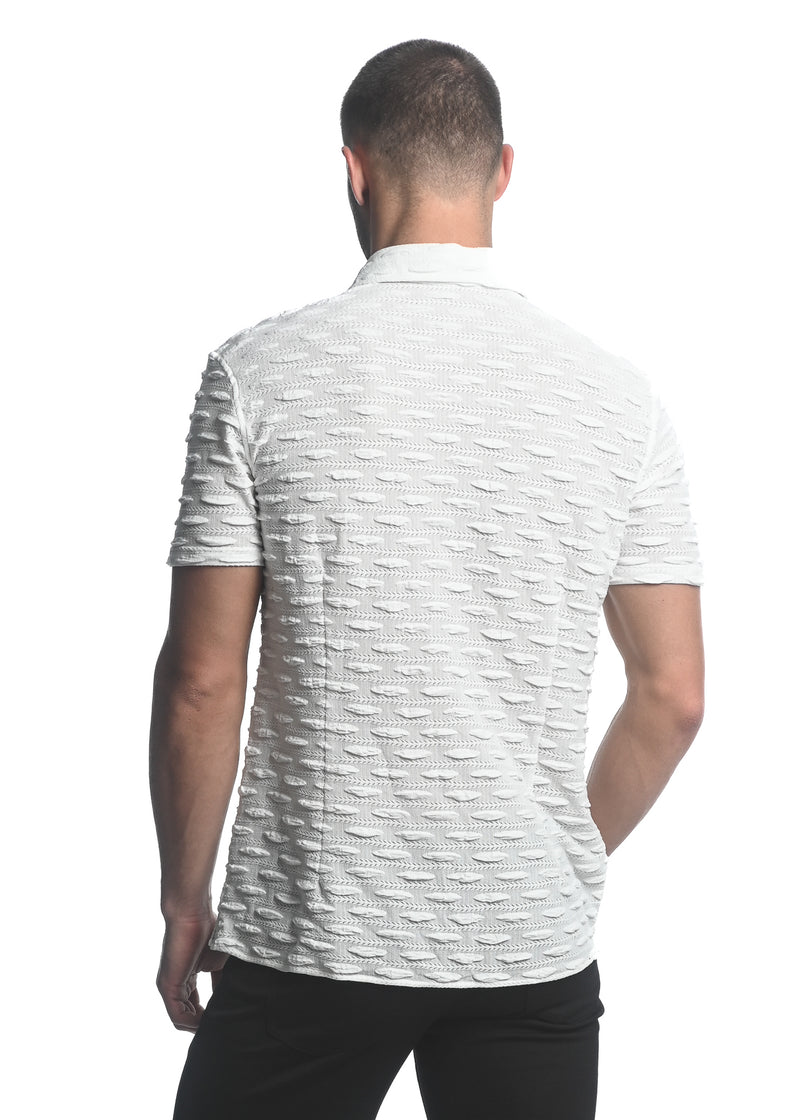 WHITE VERTICAL DROPS STRETCH KNIT GOSSAMER SHORT SLEEVE SHIRT ST-24024