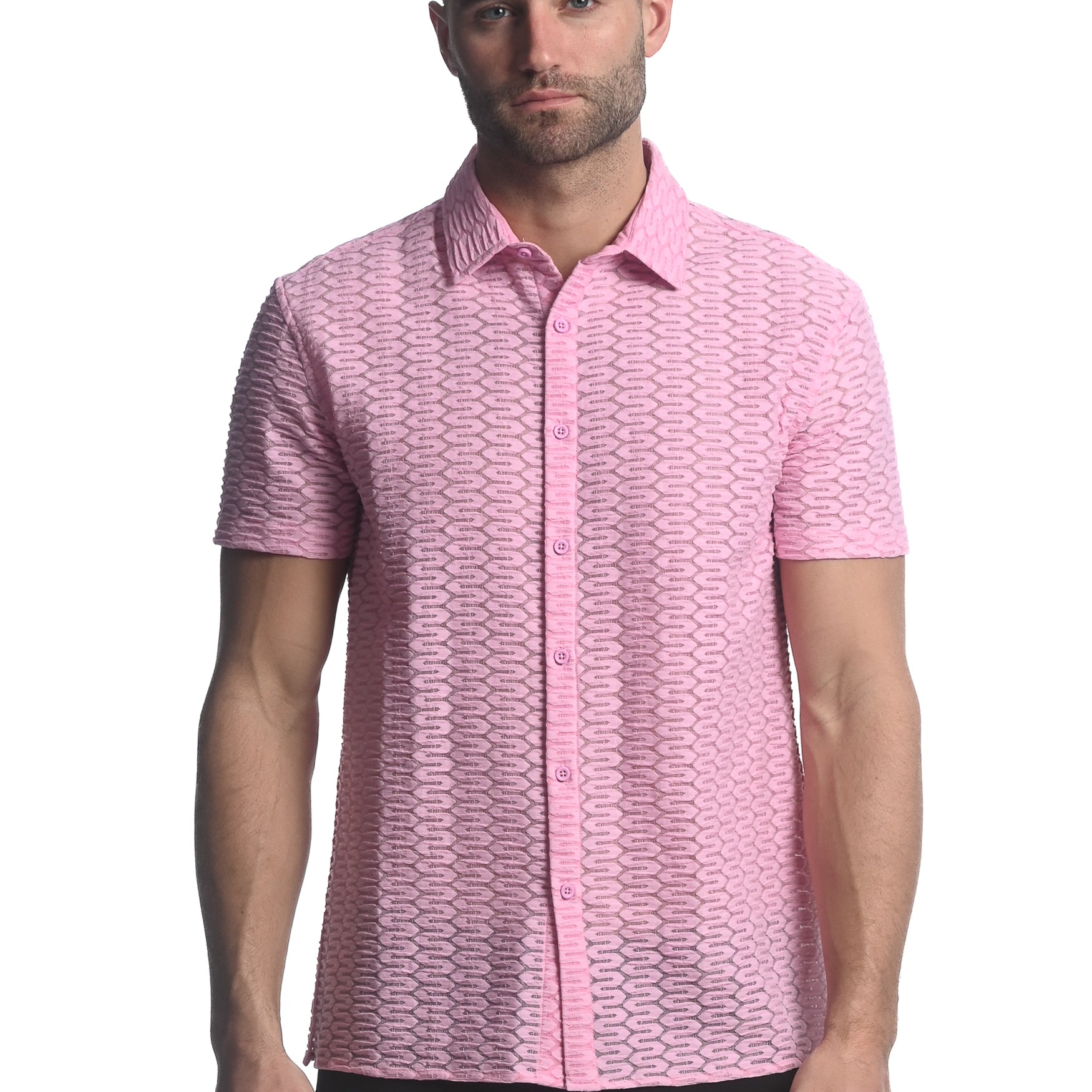 DUSTY PINK MAZE HEX STRETCH KNIT GOSSAMER SHORT SLEEVE SHIRT  ST-24025