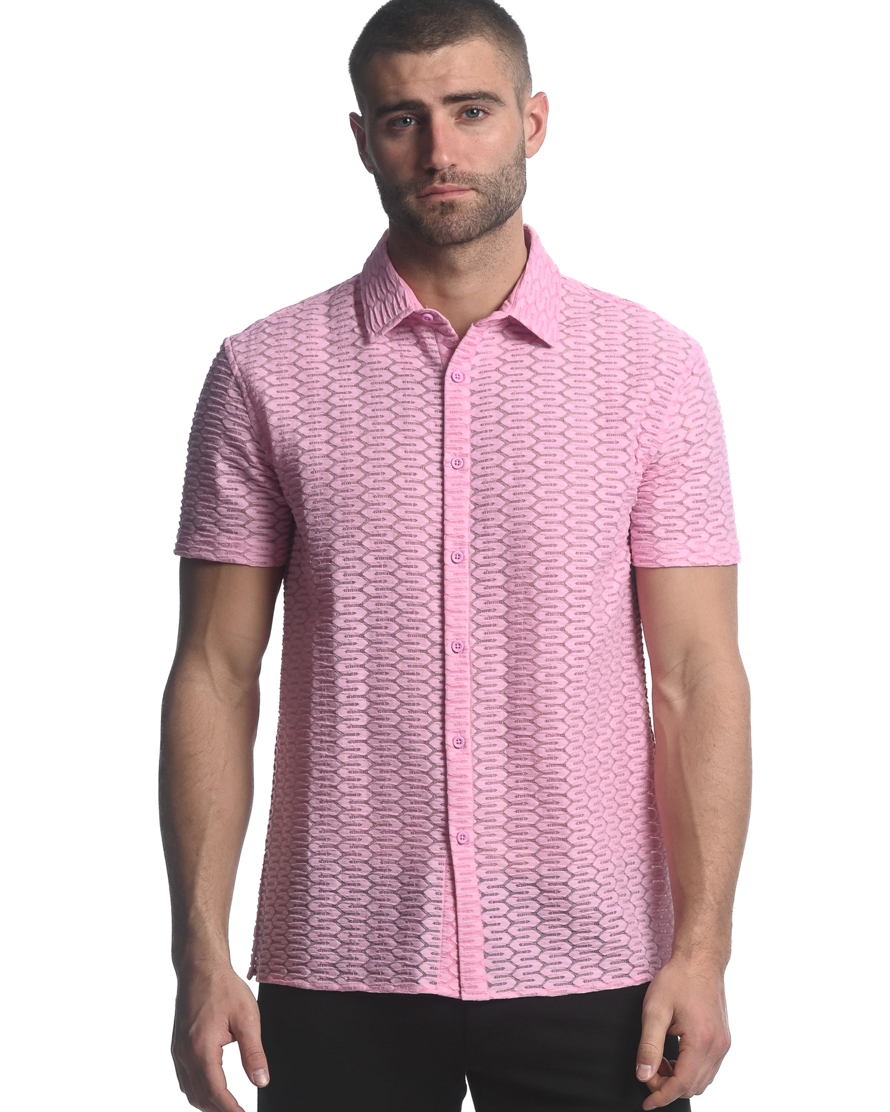 DUSTY PINK MAZE HEX STRETCH KNIT GOSSAMER SHORT SLEEVE SHIRT  ST-24025