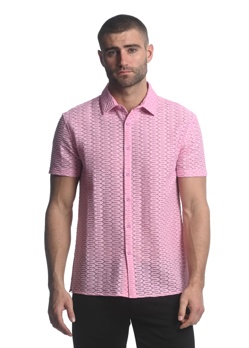 DUSTY PINK MAZE HEX STRETCH KNIT GOSSAMER SHORT SLEEVE SHIRT  ST-24025