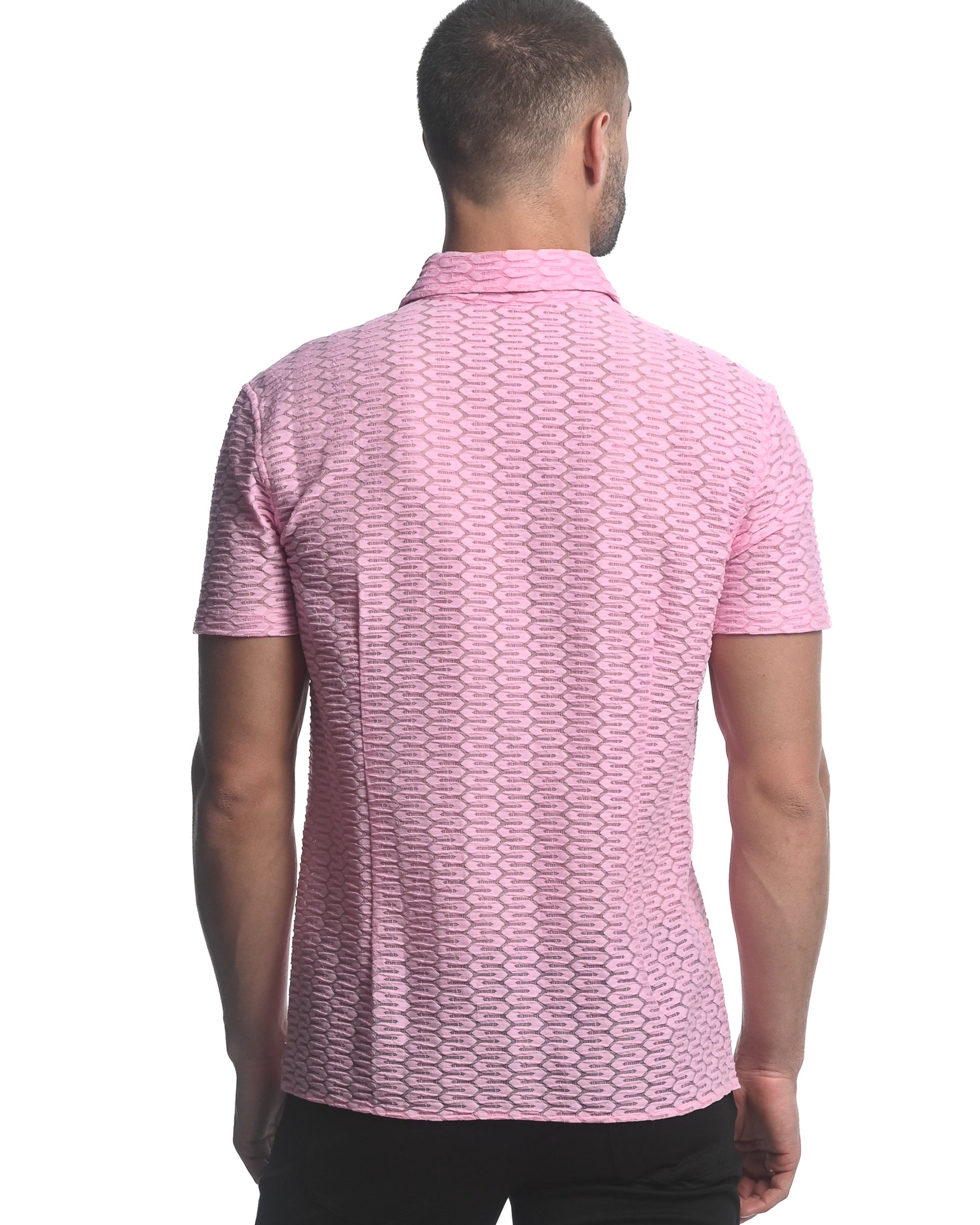 DUSTY PINK MAZE HEX STRETCH KNIT GOSSAMER SHORT SLEEVE SHIRT  ST-24025